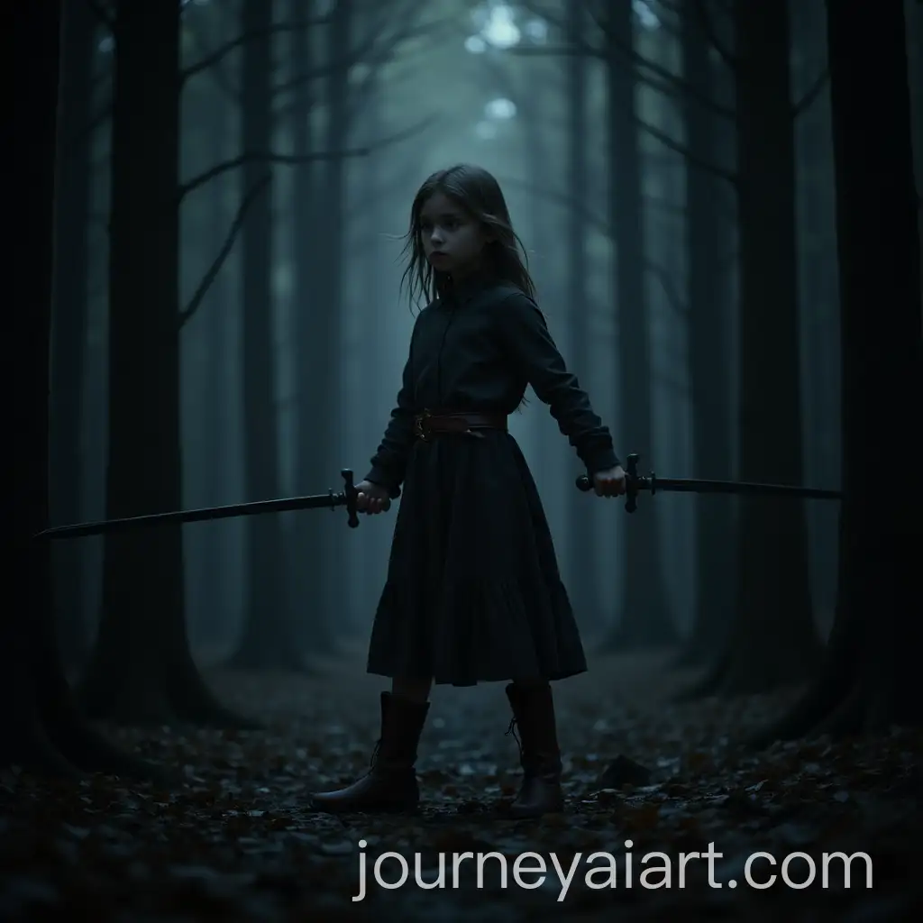 Girl-Holding-Swords-in-a-Dark-Forest