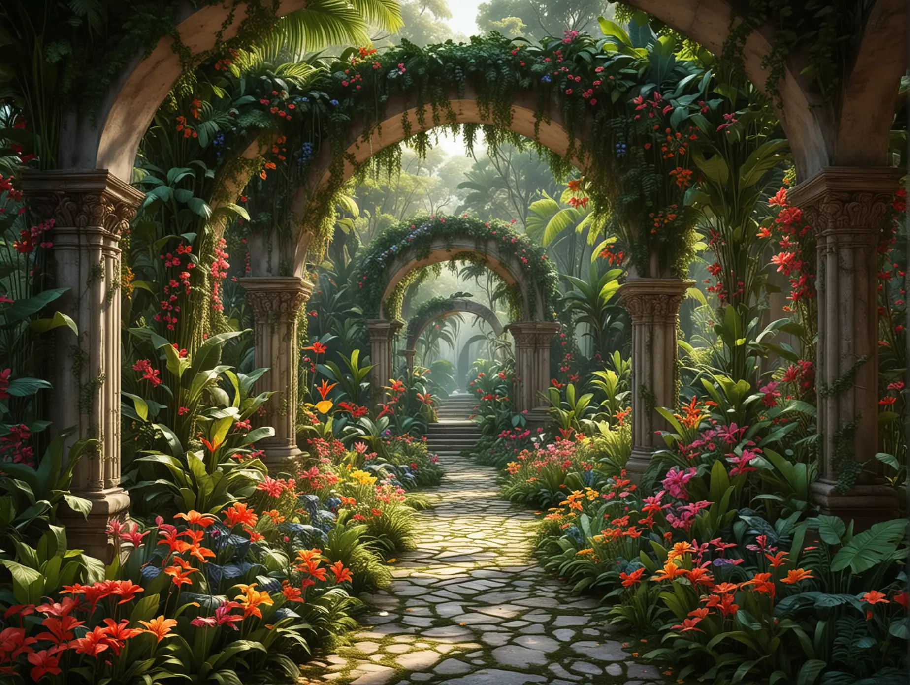 Digital Hidden Garden with Ornate Arches and Tropical Rainforest