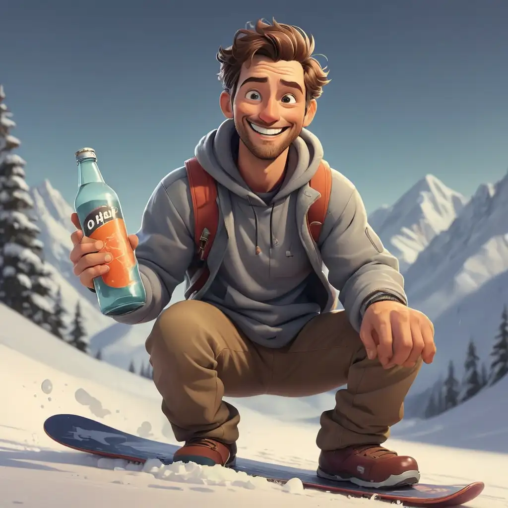 Handsome-Man-Snowboarding-with-a-Bottle-in-Hand