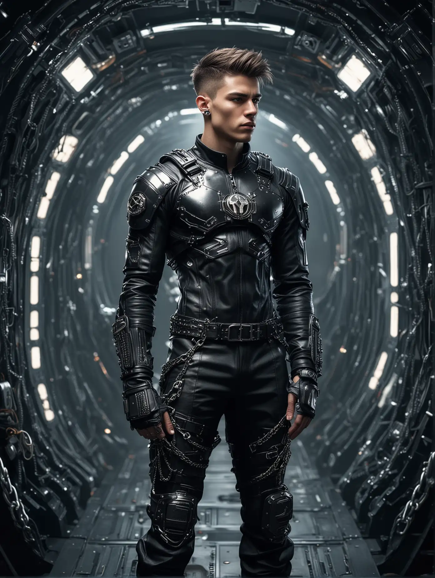 Full height image of muscular Young man, in form enhancing black leather space cadet uniform, chains and buckles details, futuristic logo on chest,   inside spacecraft in a cyberpunk world,