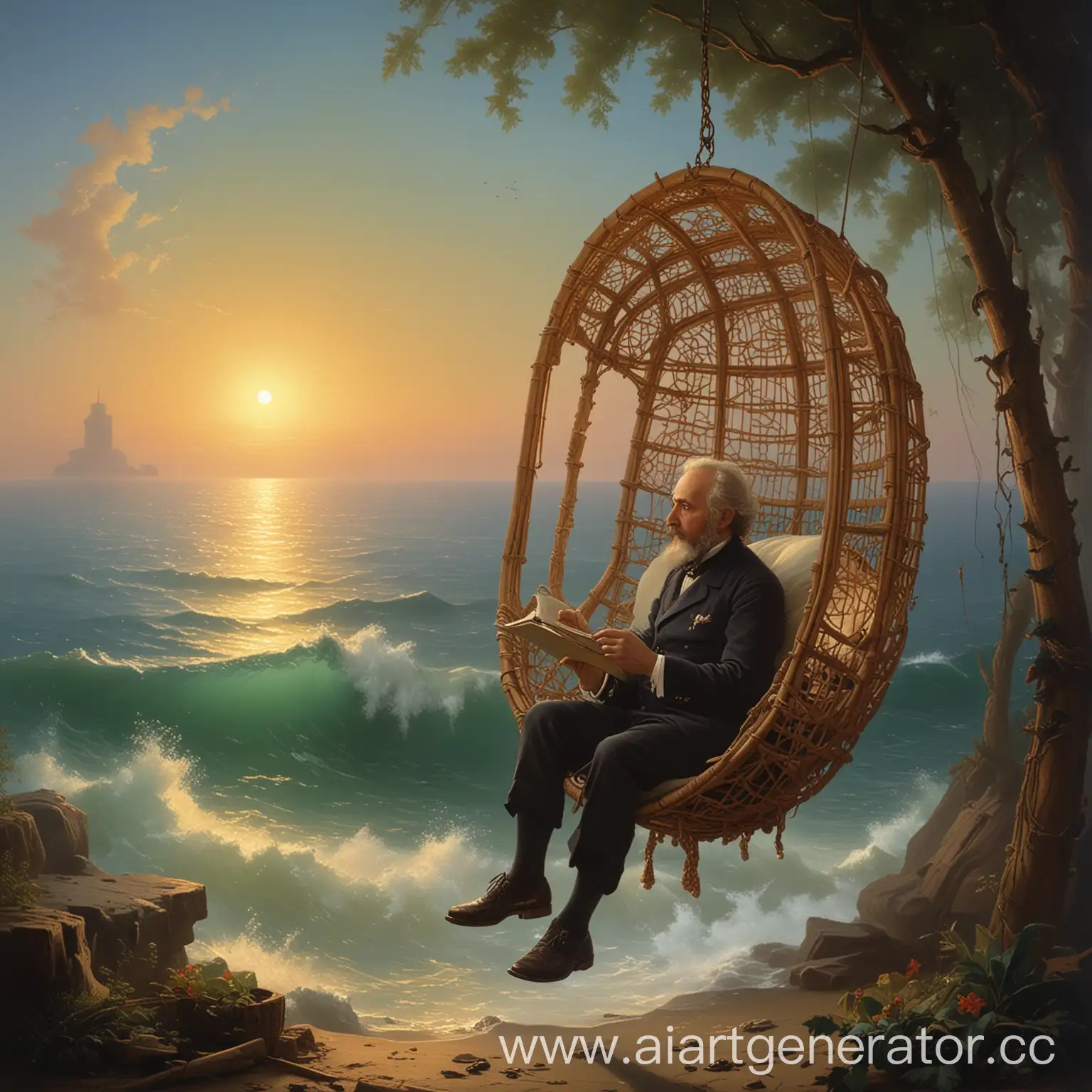 Artist-Painting-Seascape-in-Suspended-Rattan-Chair