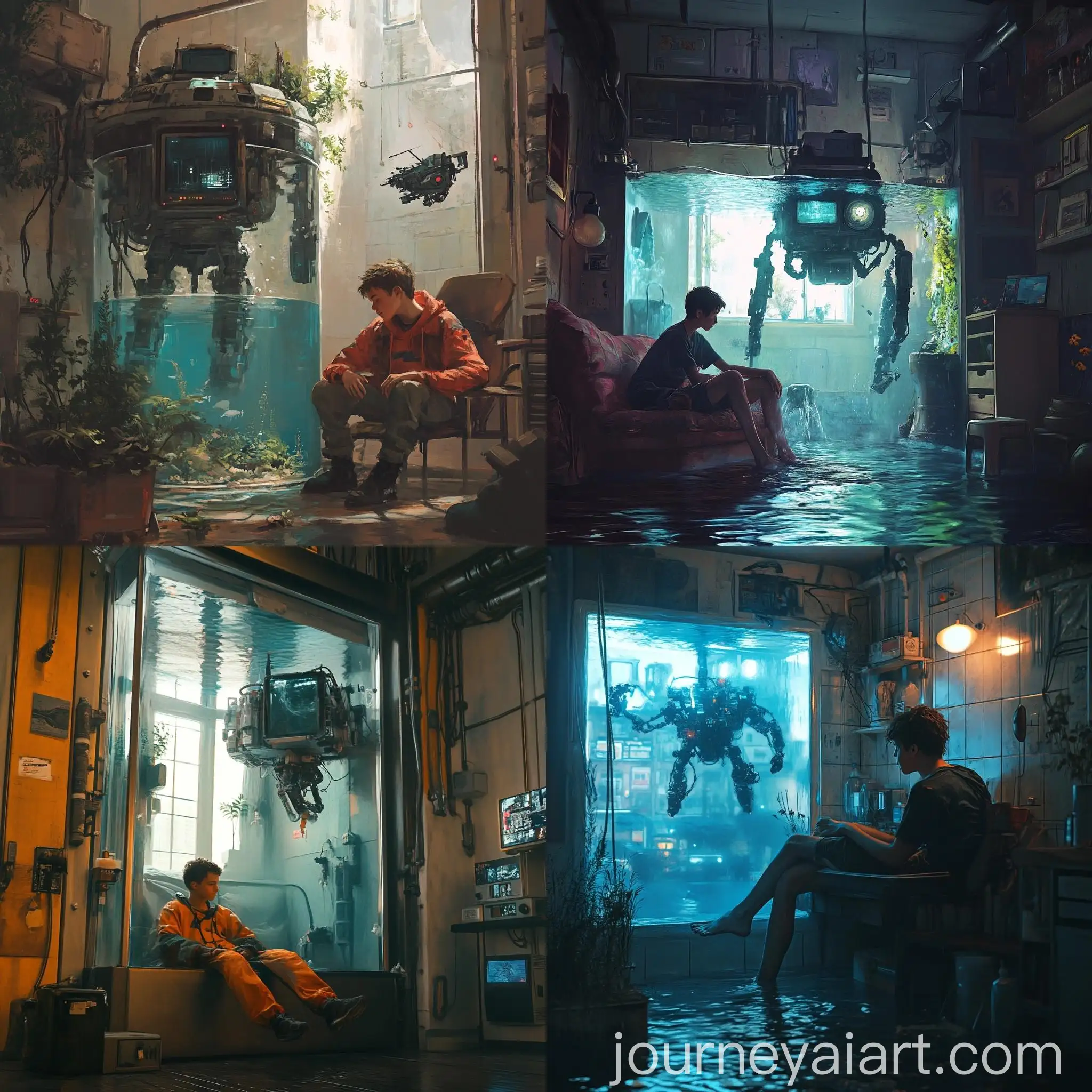 Teenage-Boy-in-Cinematic-Water-Tank-House-with-Hovering-Robot