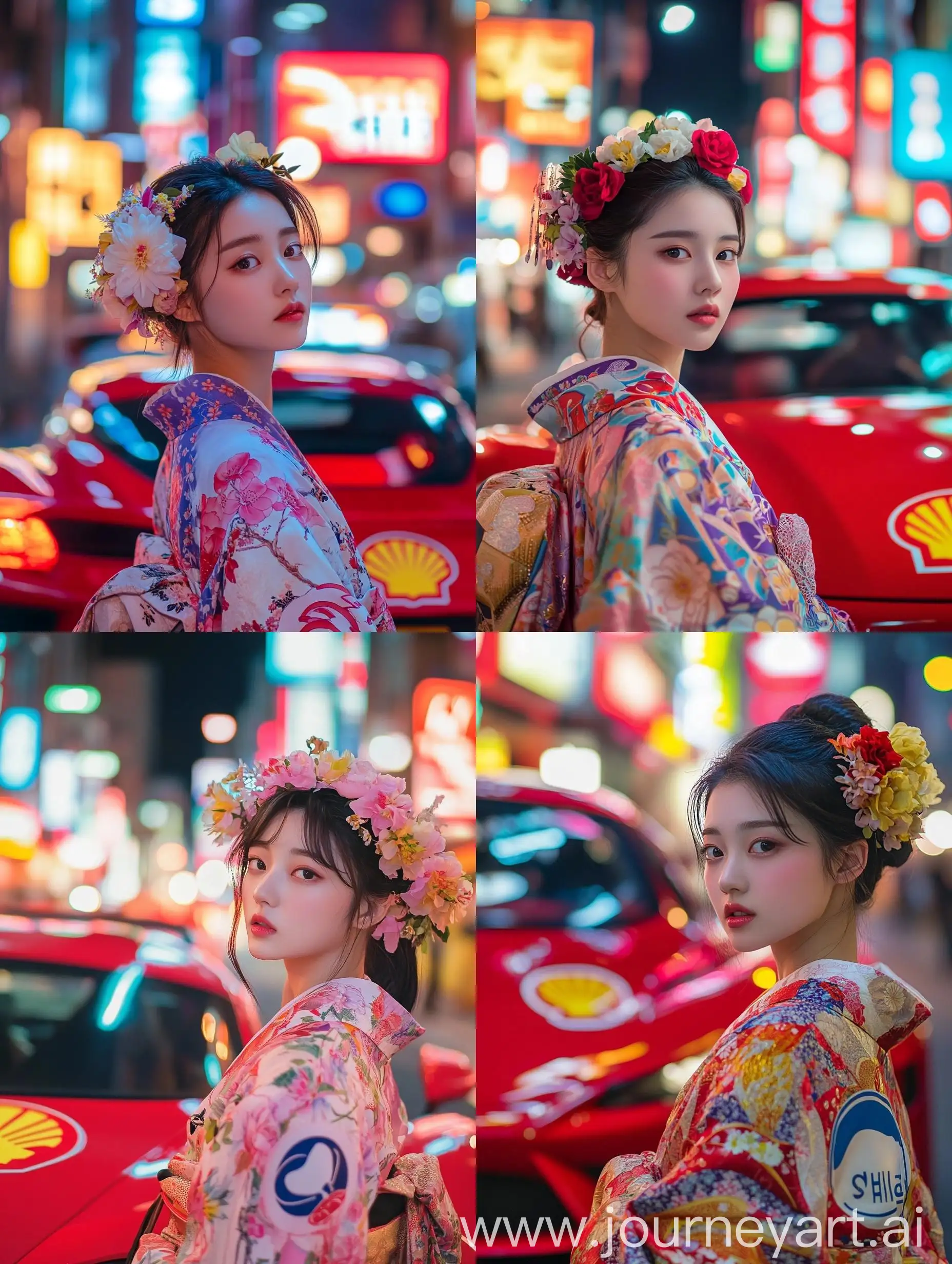 Korean-Woman-in-Traditional-Kimono-Beside-Red-Sports-Car-at-Night