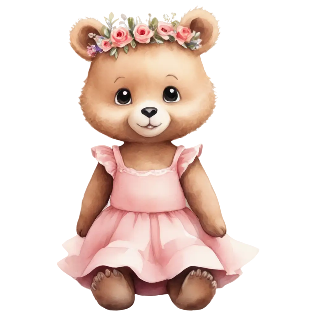 Cute-Baby-Bear-PNG-with-Big-Eyes-and-Pink-Dress-Cartoon-Watercolor-Style-Image