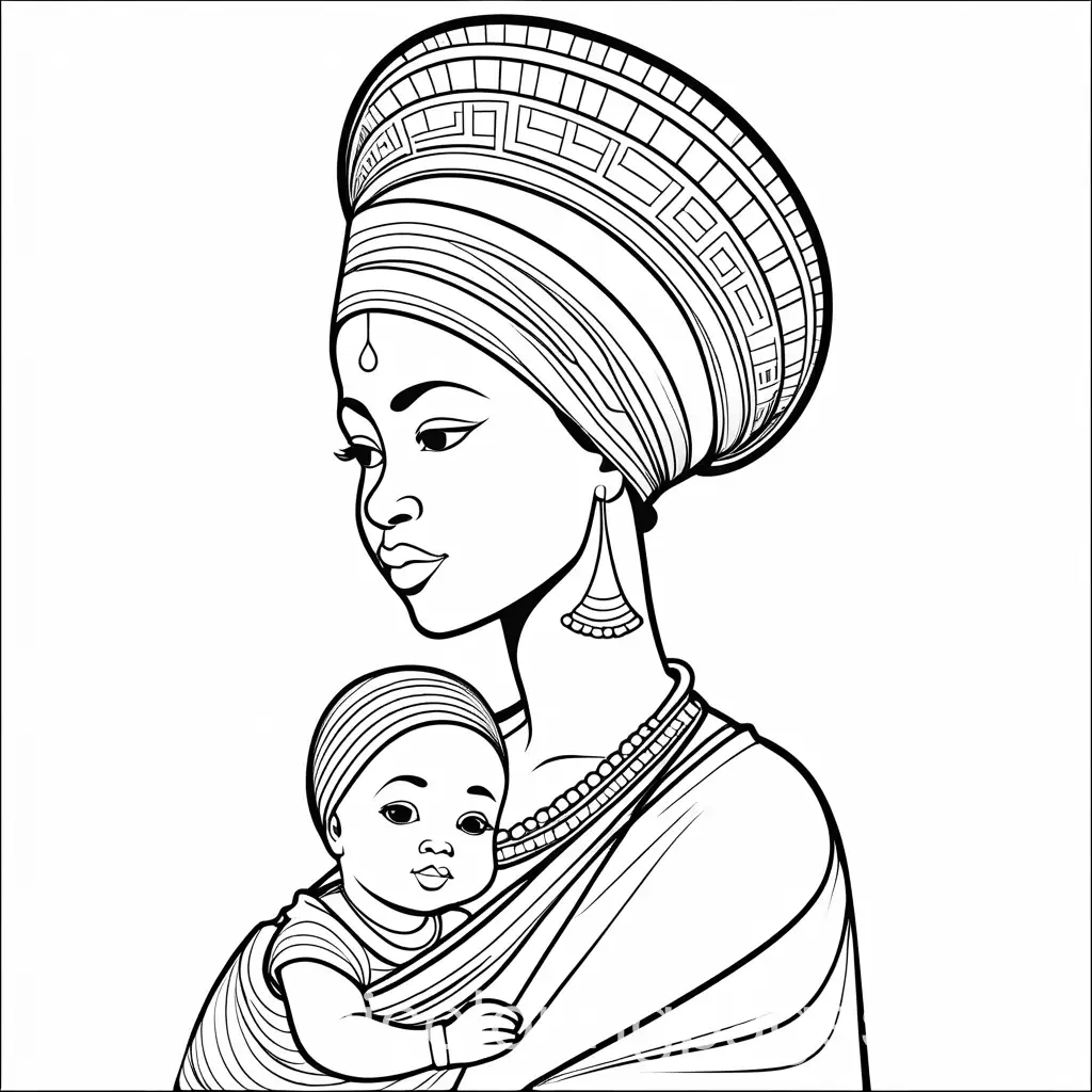 Line-Art-African-Lady-Carrying-Pot-and-Baby-Coloring-Page