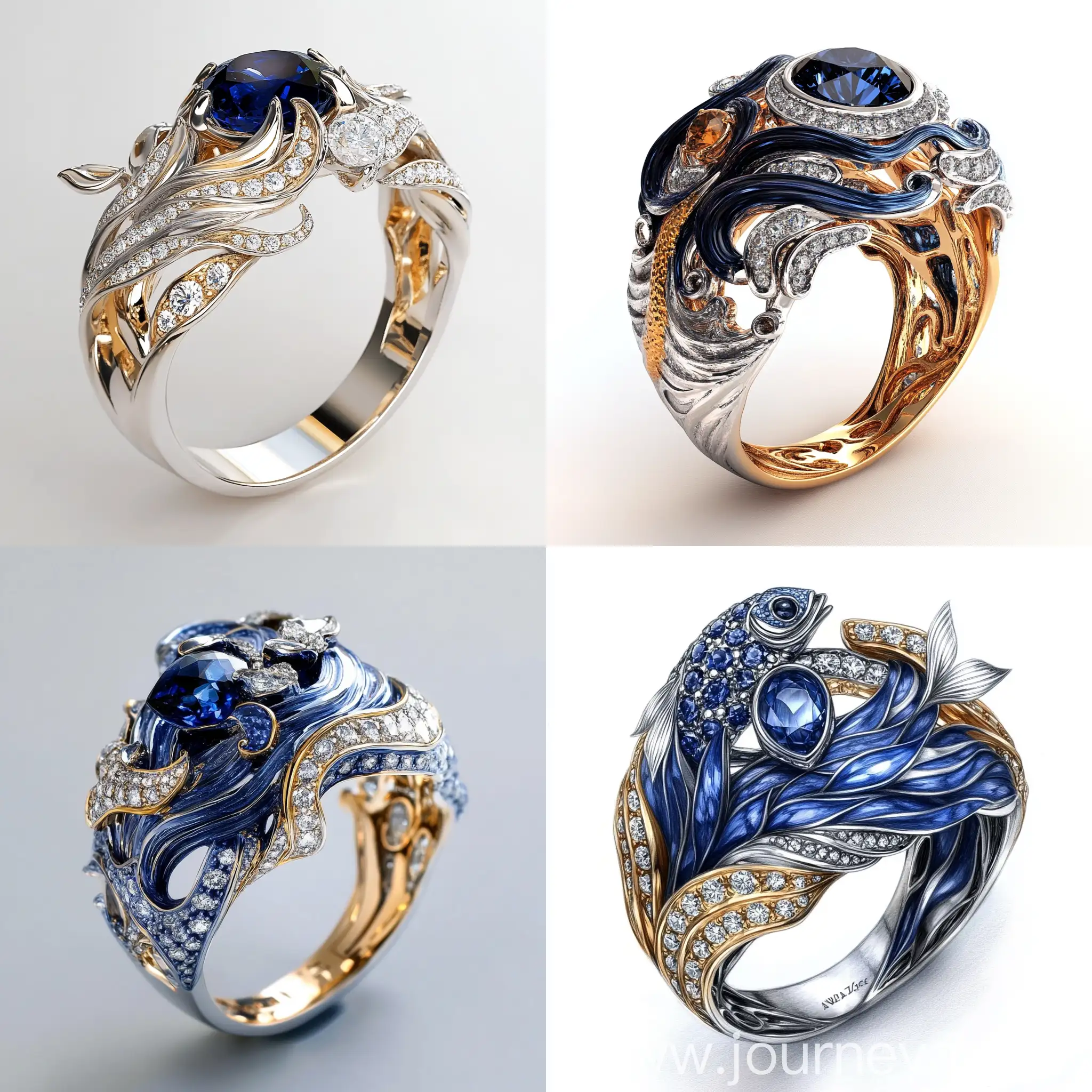 Magnificent-Sapphire-and-Diamond-Finger-Ring-with-Fish-and-Sea-Waves-Sketch