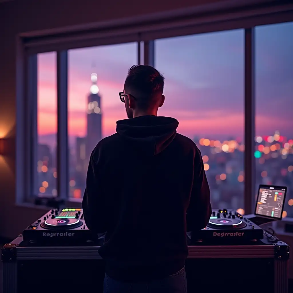 A bright, realistic background of a DJ standing in a DJ booth. The DJ is wearing a black hoodie and a pair of sunglasses. The DJ booth is equipped with various music equipment, including a mixer, turntables, and a laptop. The background is a large window with a view of a city skyline. The city is illuminated with vibrant colors.