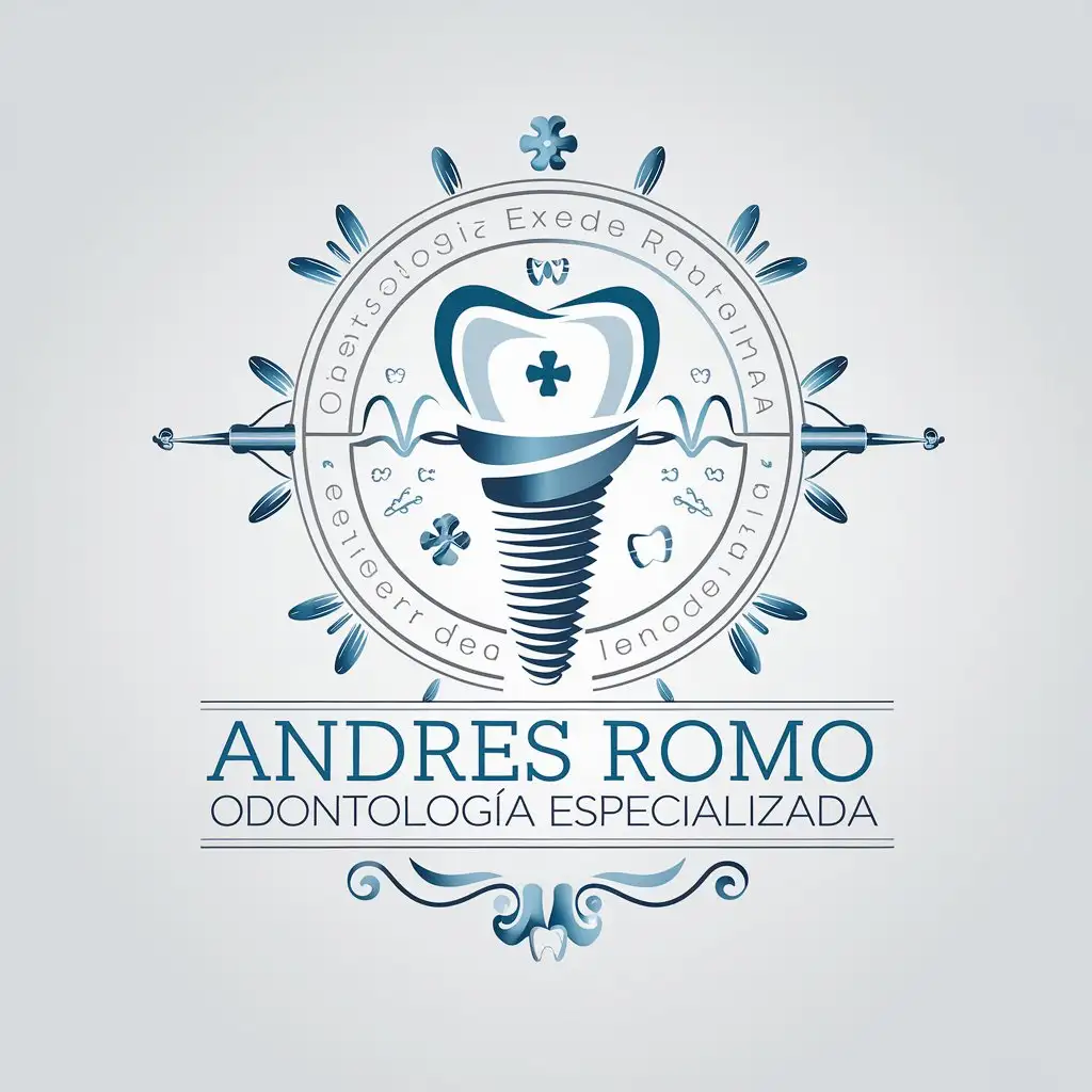 a vector logo design,with the text "Design a professional and modern logo for a dental clinic named Andres Romo with the slogan Odontología Especializada. The logo should convey expertise, trust, and dental care. Incorporate dental imagery such as a tooth, smile, or dental instruments in a subtle and elegant way. Use a clean, sophisticated font for the text, and choose a color palette that includes soft blues, whites, or metallic tones to evoke a sense of cleanliness, professionalism.", main symbol:dentalimplant,complex,be used in Medical Dental industry,clear background