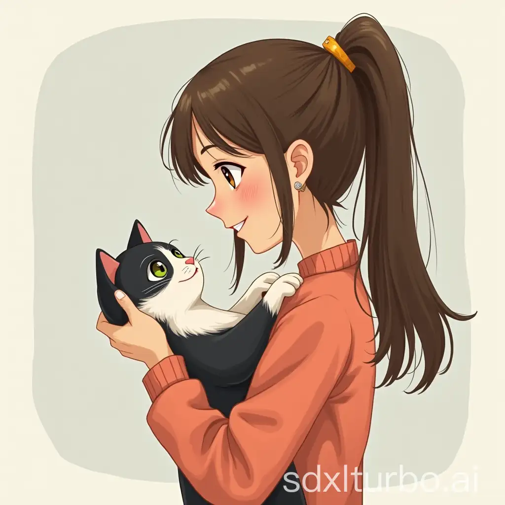 A girl with brown straight hair without a ponytail with a black and white cat