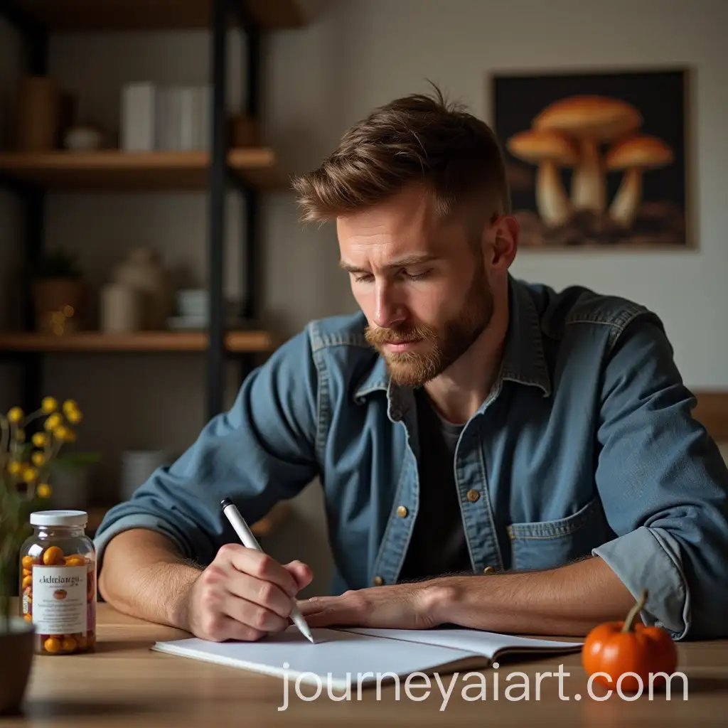 Athletic-Scandinavian-Man-Writing-Passionately-with-Psychoactive-Mushrooms-in-Background