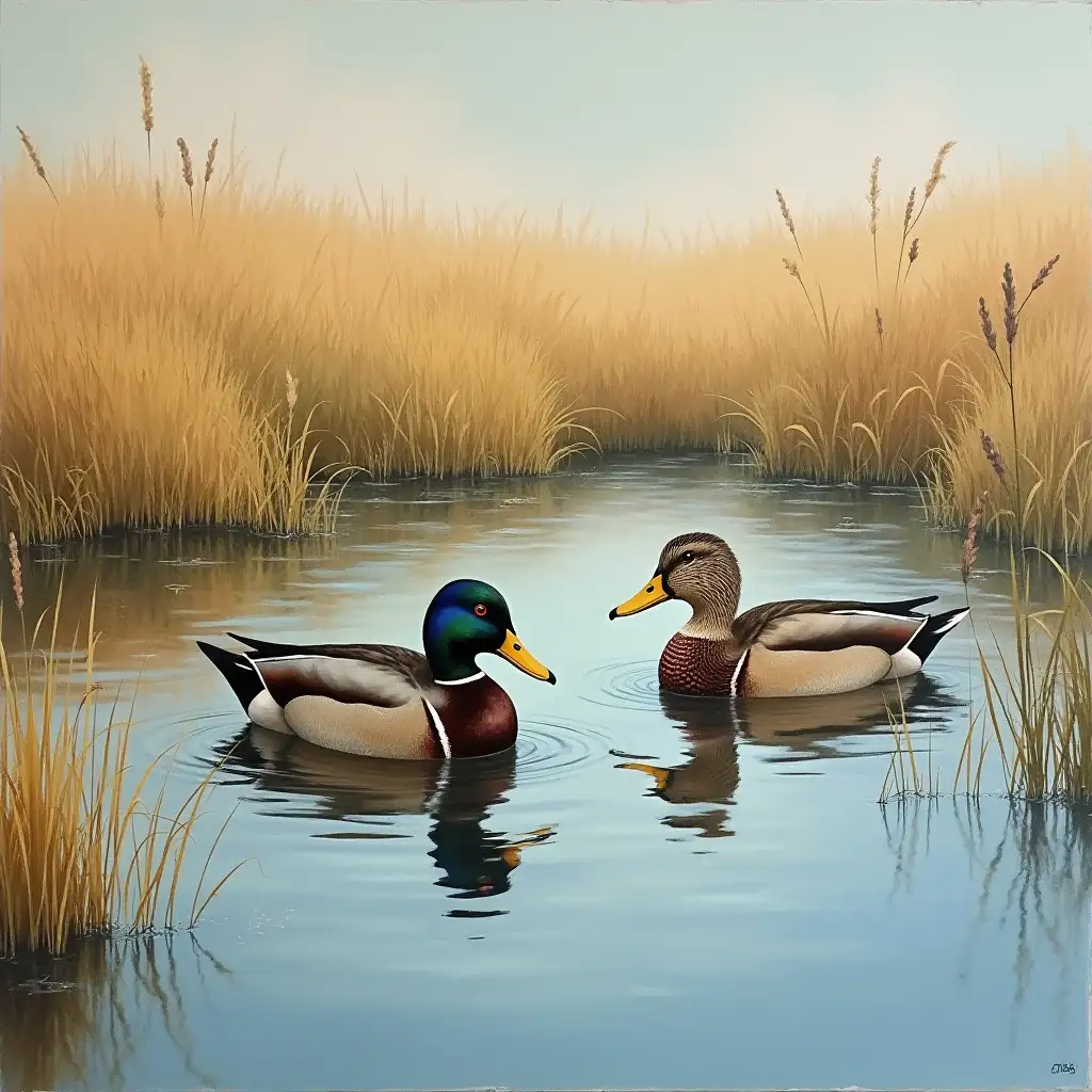 Pintail Ducks Floating on a Tranquil Pond with Pond Grasses and Reeds