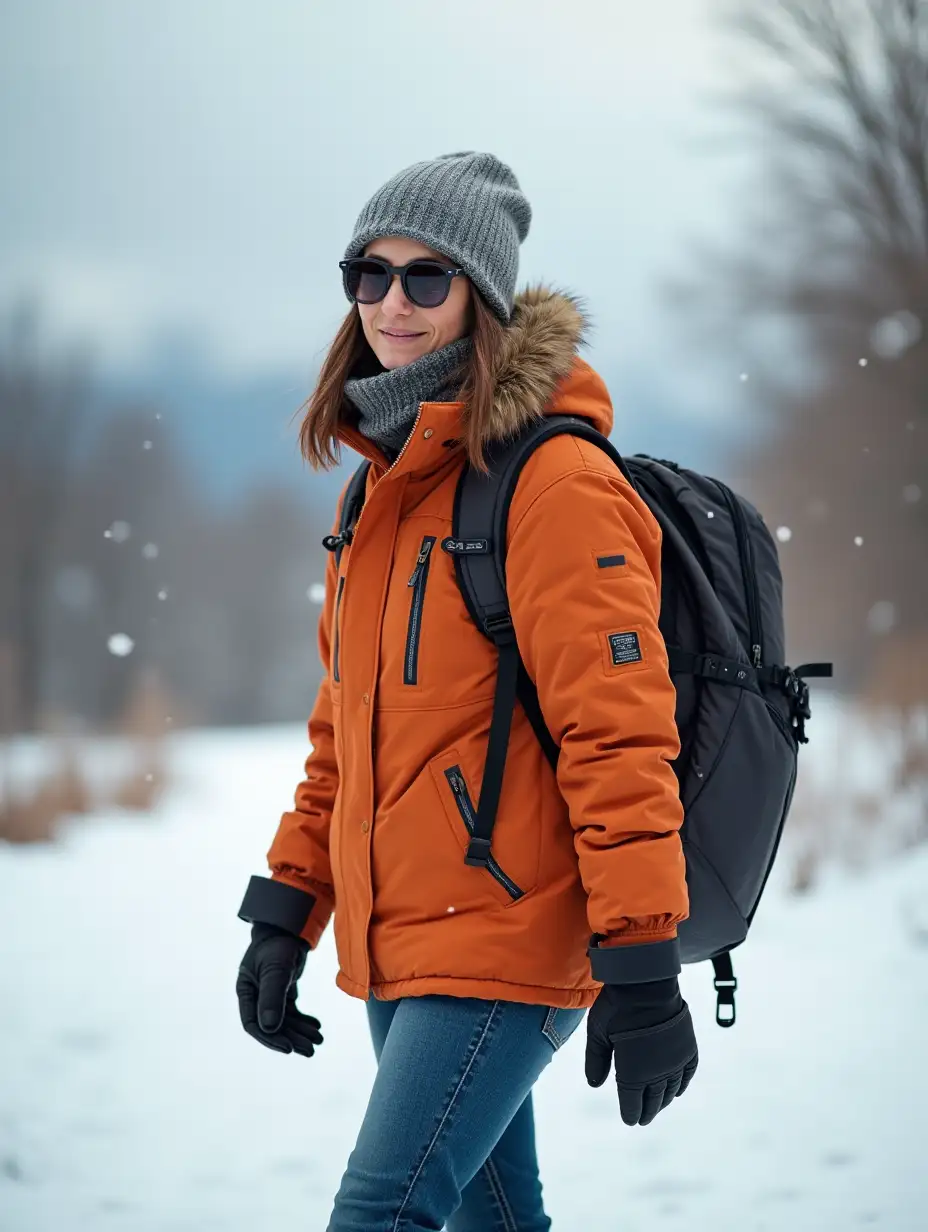 traveler in full length in warm winter clothes and sunglasses