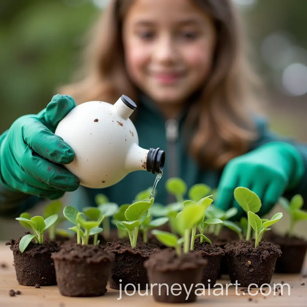 Girl-Watering-Seedlings-with-Small-White-Flacon-in-a-Green-Garden-Setting