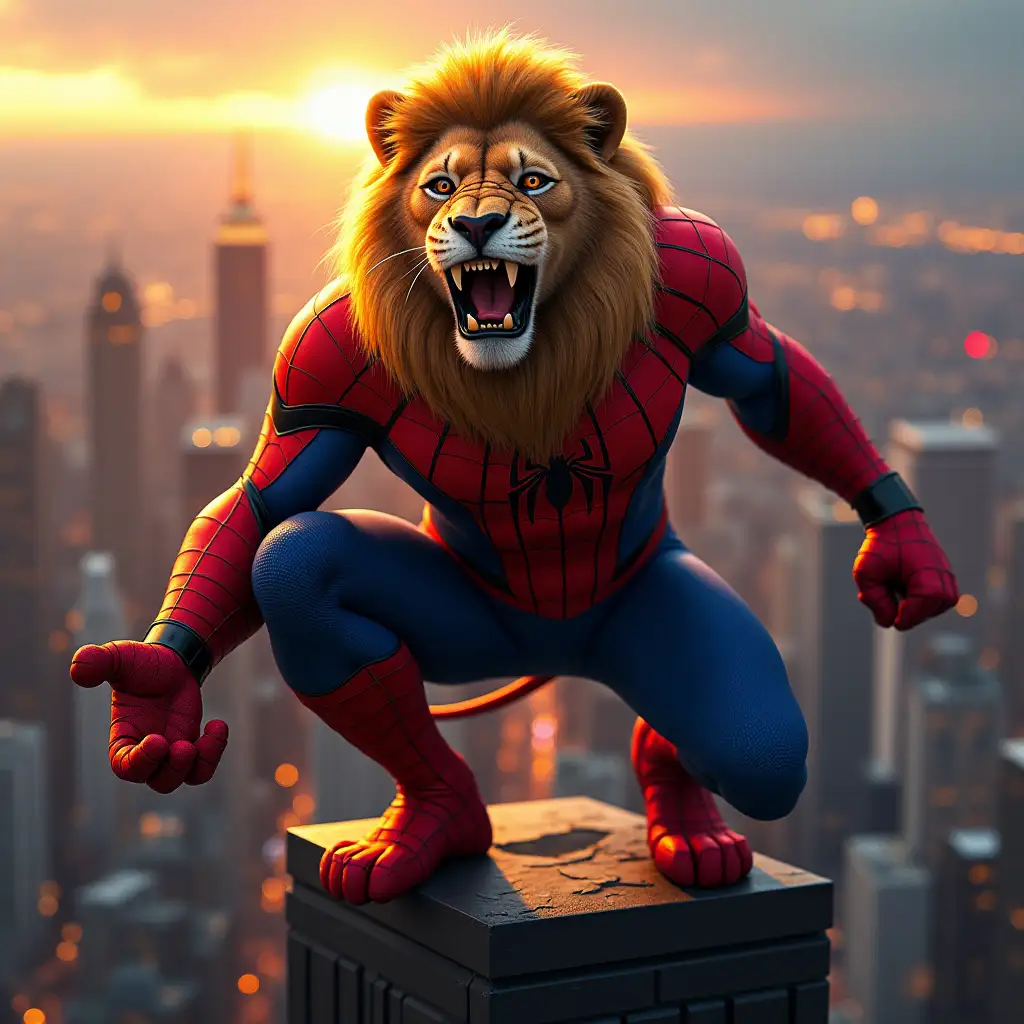 SpiderLion-Hero-Roaring-on-Skyscraper-at-Sunset