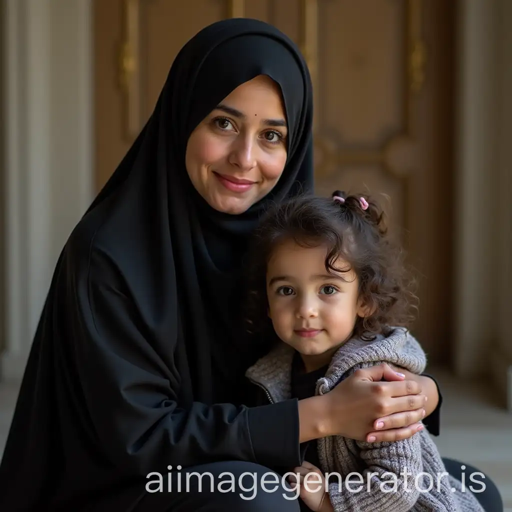 a Muslim Gulf woman wearing a black hijab sitting next to a child