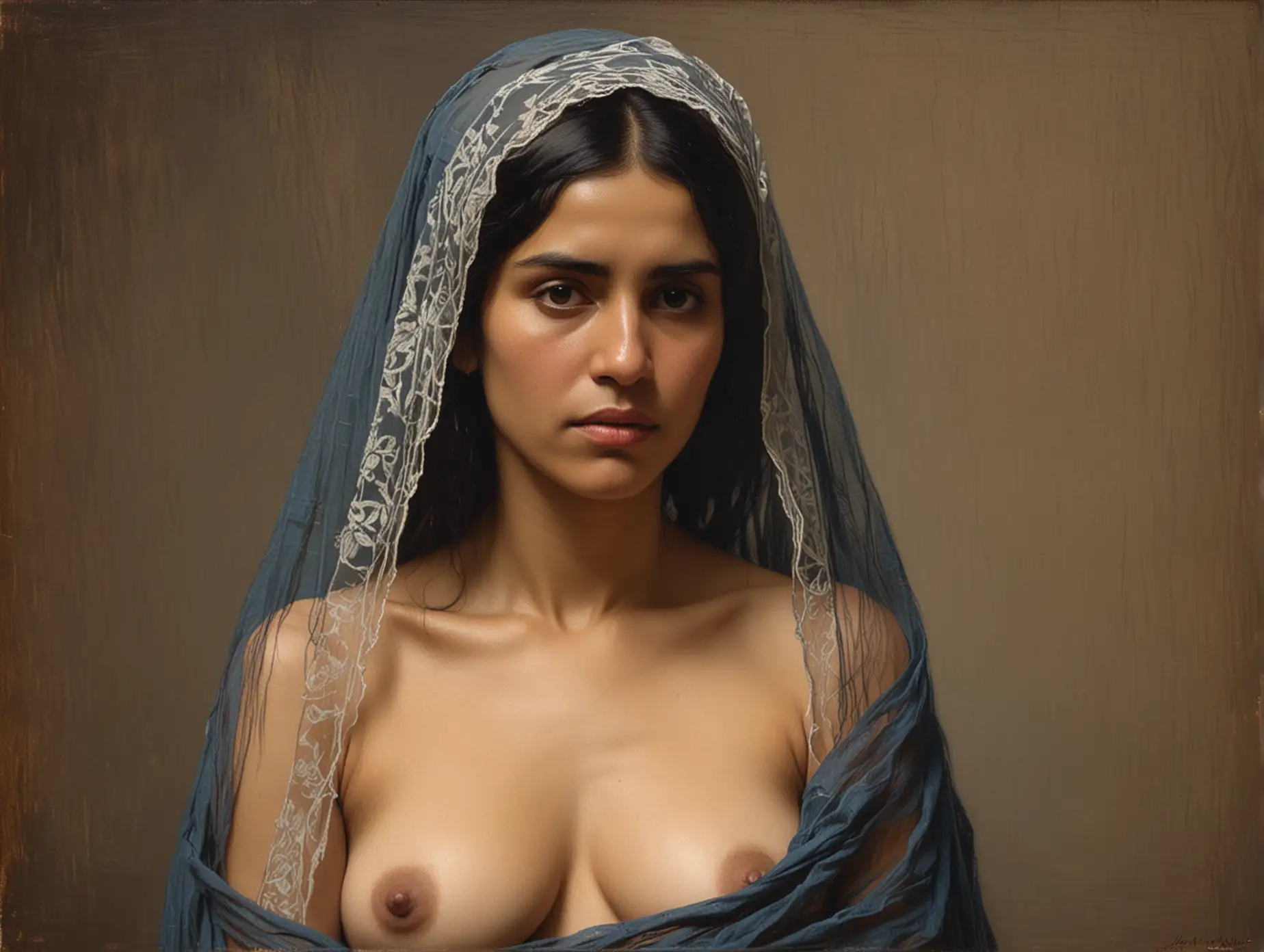 John William Waterhouse portrait of veiled mature mexican woman topless.