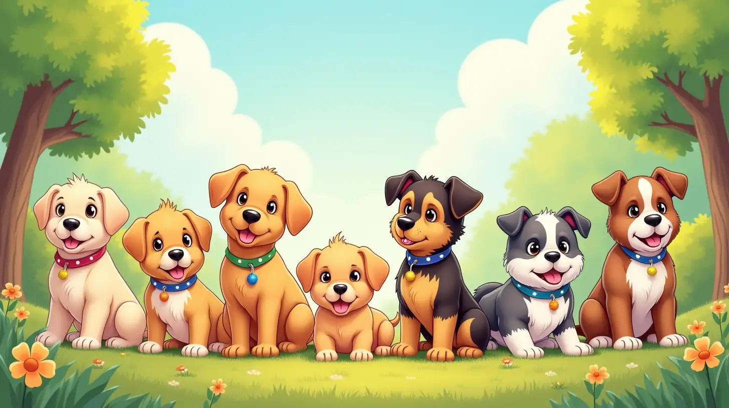 You are a master illustrator and painter. Create a bright and colorful scene of puppies of different breeds including golden retriever, German shepherd and bulldog that can be used as backdrop for a kids book