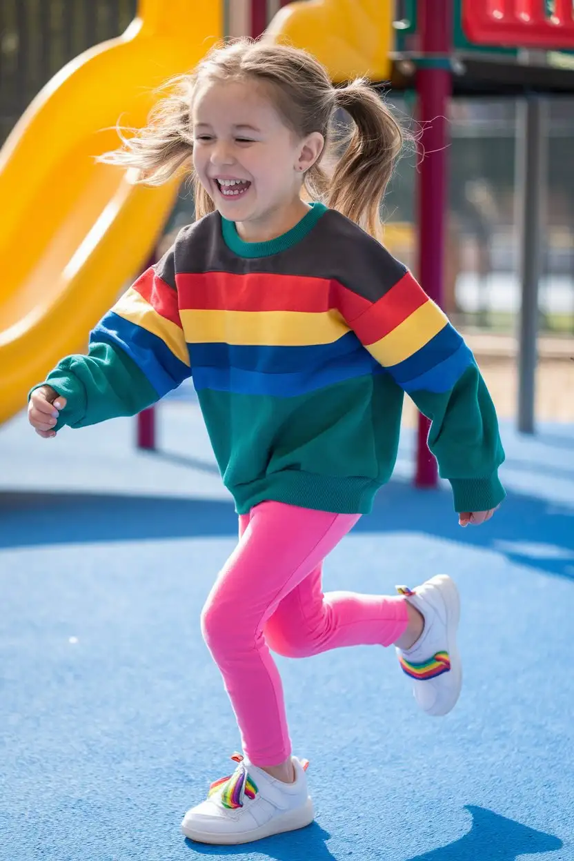 A cheerful 6-year-old girl with pigtails, laughing as she runs on a vibrant blue playground surface. She is wearing a sweatshirt with bold horizontal stripes in red, yellow, blue, and green. Her bottoms are bright pink leggings, and she has on white sneakers with rainbow-colored laces. The background should show colorful playground equipment like a yellow slide and a red climbing frame. The lighting should be bright and sunny, emphasizing the vibrant colors of the outfit and the playful atmosphere.