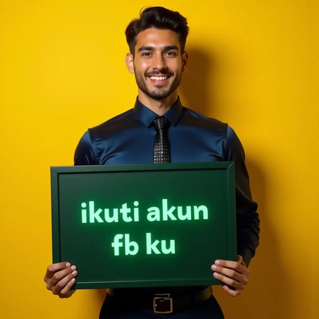 arafed man is holding sign with glowing green text 'ikuti akun fb ku' in a navy satin shirt and a black exclusive tie and wearing a black shiny crocodile type leather, standing against a yellow wall, a stock photo inspired by Eric Dinyer, shutterstock, american barbizon school, collared shirt, photorealism, high collar, ceo, vitorugo, paul pepera pablo roldan, instagram contest winner, shabab alizadeh, ricardo milos, smiling, looking straight to the camera, smiling and welcoming expression, happy eyes, dau-al-set, private press, around 20 yo, 'the ultimate gigachad, featured on pexels, featured on cg society, precisionism, perfect man, fine art, superflat, slender and muscular build, michael pangrazio, christian orrillo, very strong and masculine man, muscular masculine figure, bodybuilder posing, dribble, well-groomed model