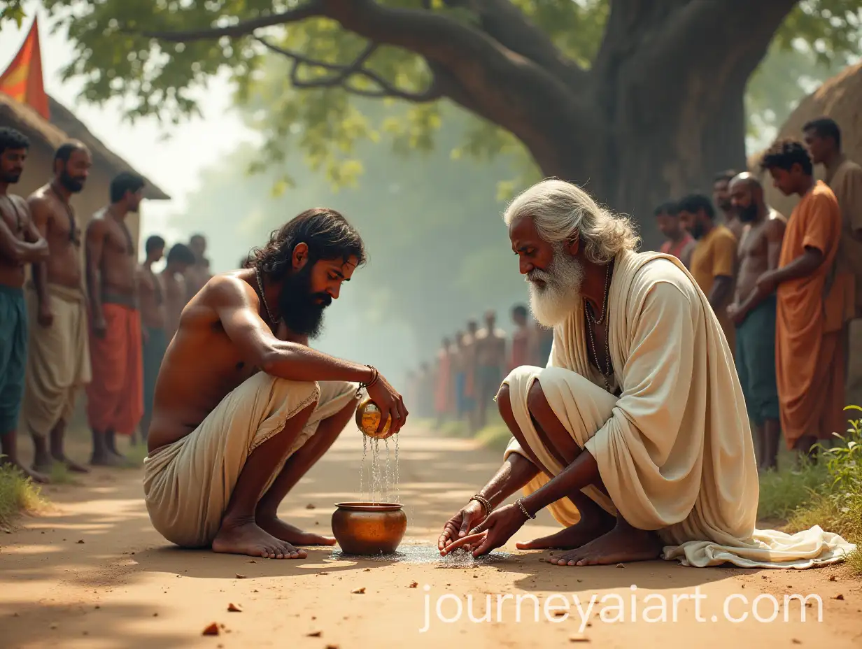 Sant-Eknath-Offering-Compassion-to-a-Traveler-inAI-Image-Expansion-16thCentury-Maharashtra-Village