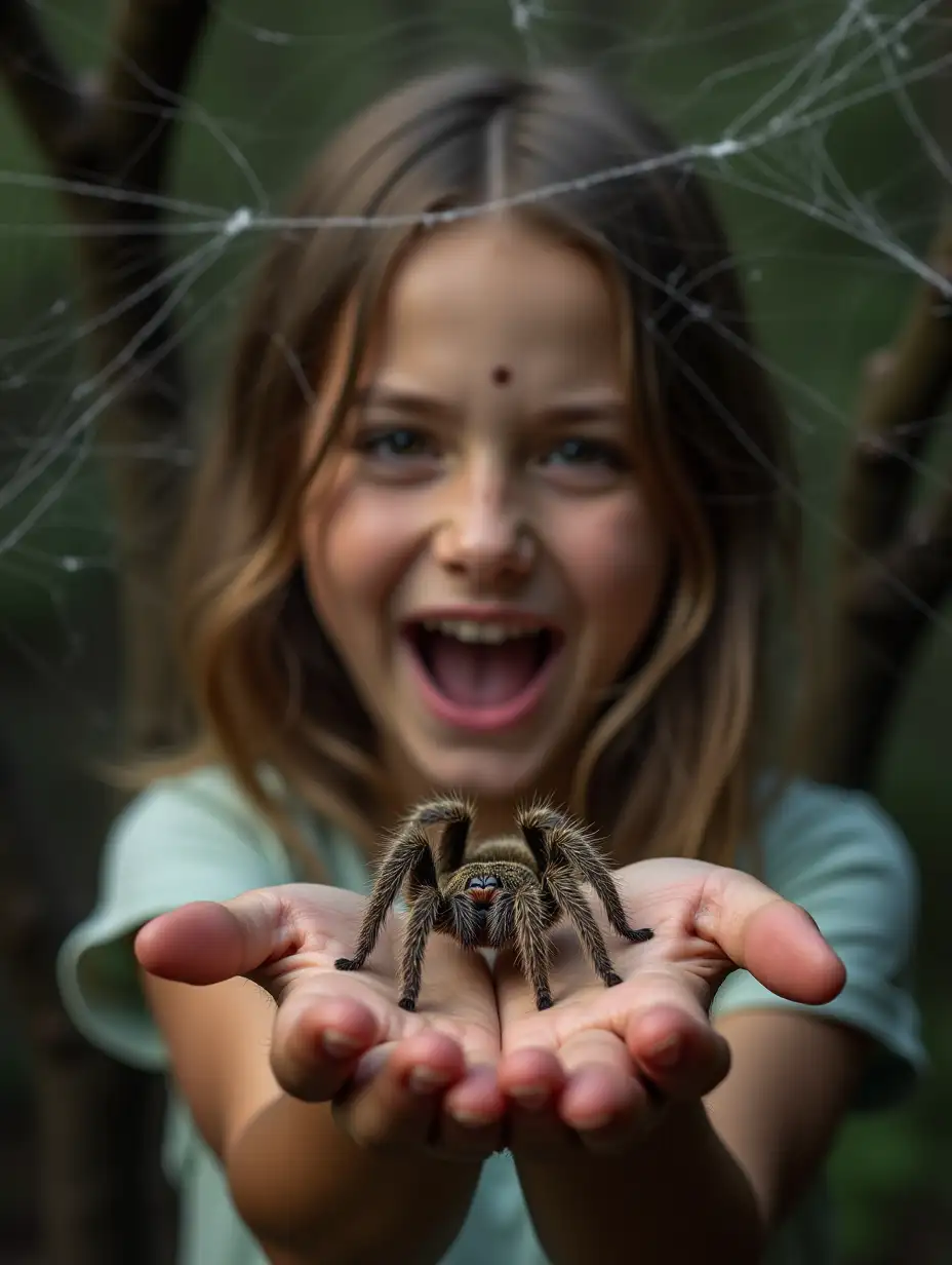 Close-up of a girl's rapturous face holding an open palm in front of her eyes, on which sits a shaggy tarantula spider. The background is covered with spider webs and tree branches