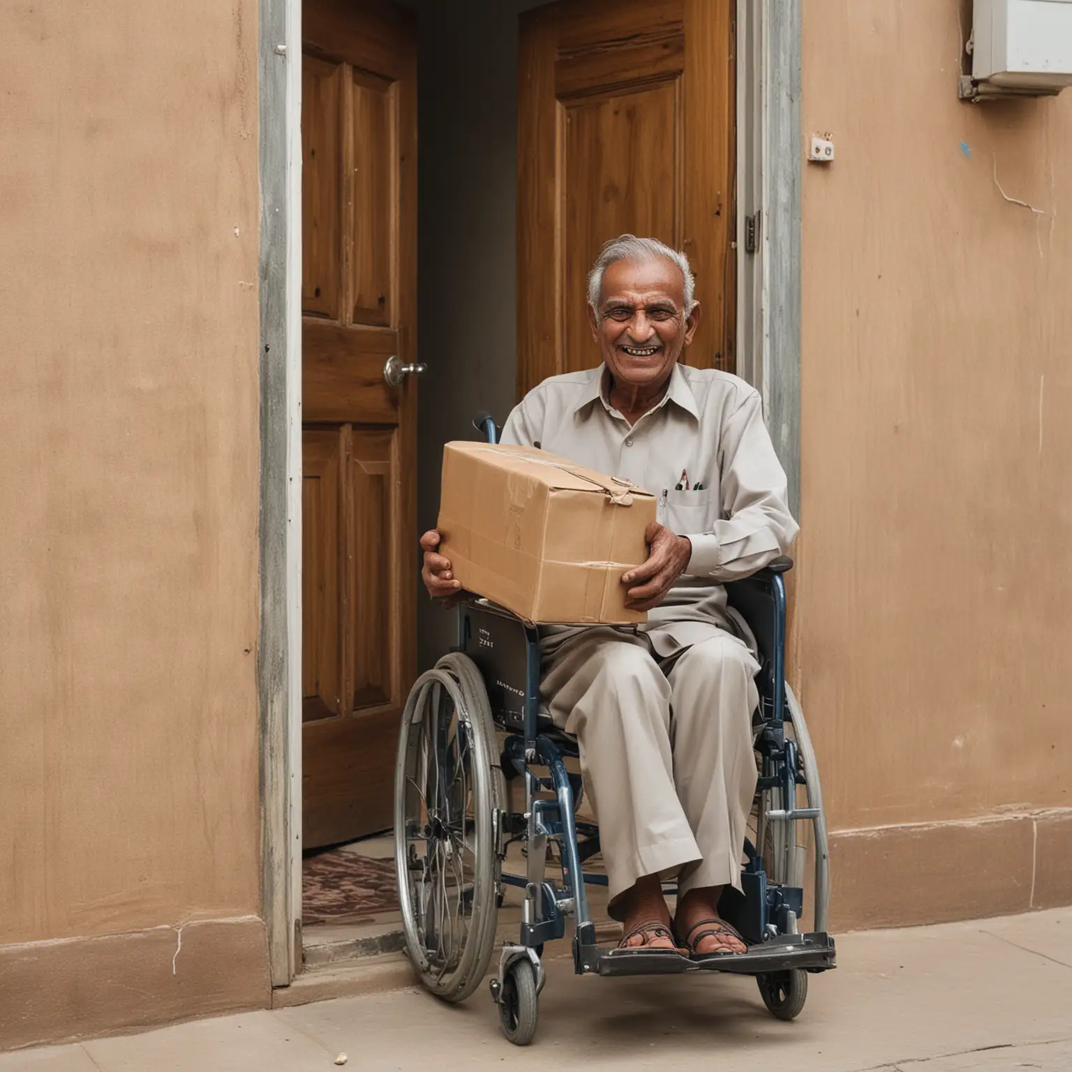 An elderly Pakistani man in a wheelchair opens the door to his apartment in Karachi and hands over a package. He smiles.