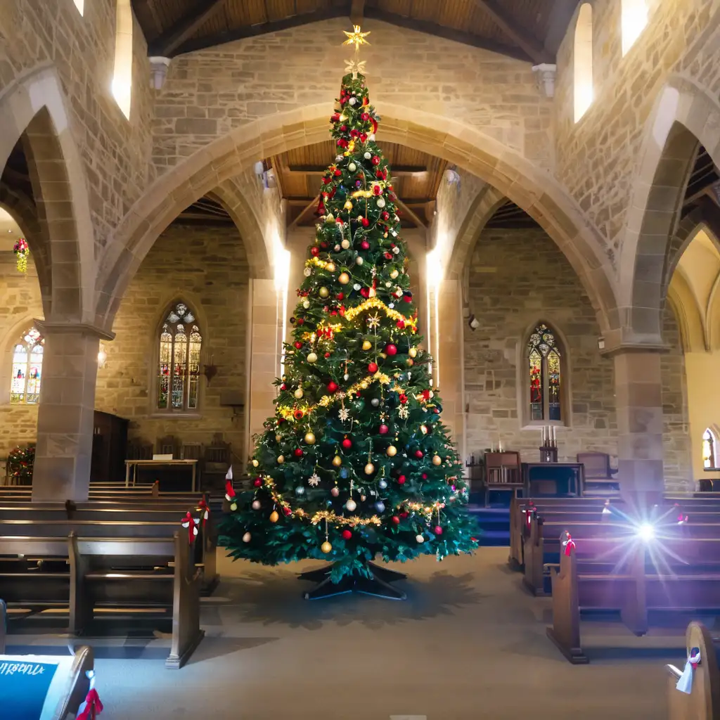 Festively Decorated Christmas Tree Illuminating a Church