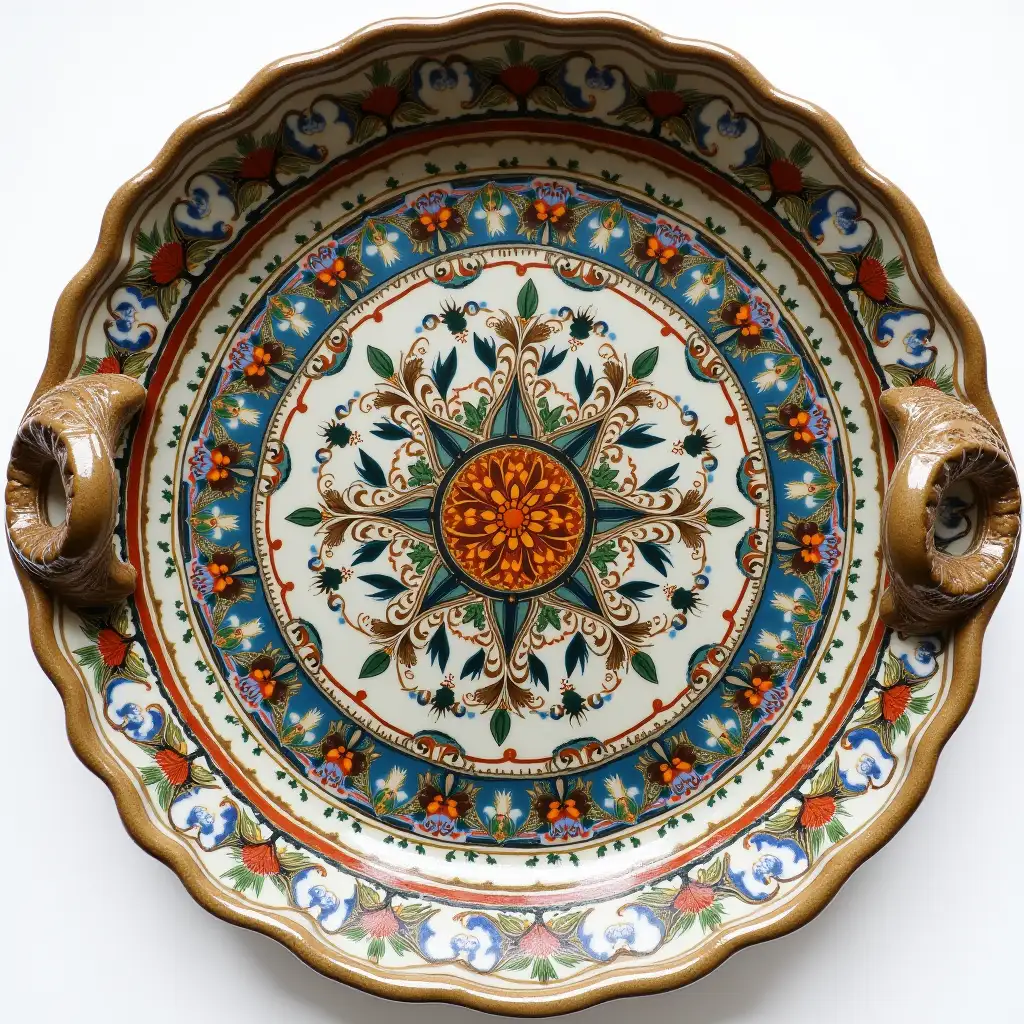 Ruffled edge circle ceramic tray with embossed beautiful handle,Underglaze painting on white body、 Fine art, Hyper detailed, Antique and old, Qajar art, Iranian Tabriz carpet design