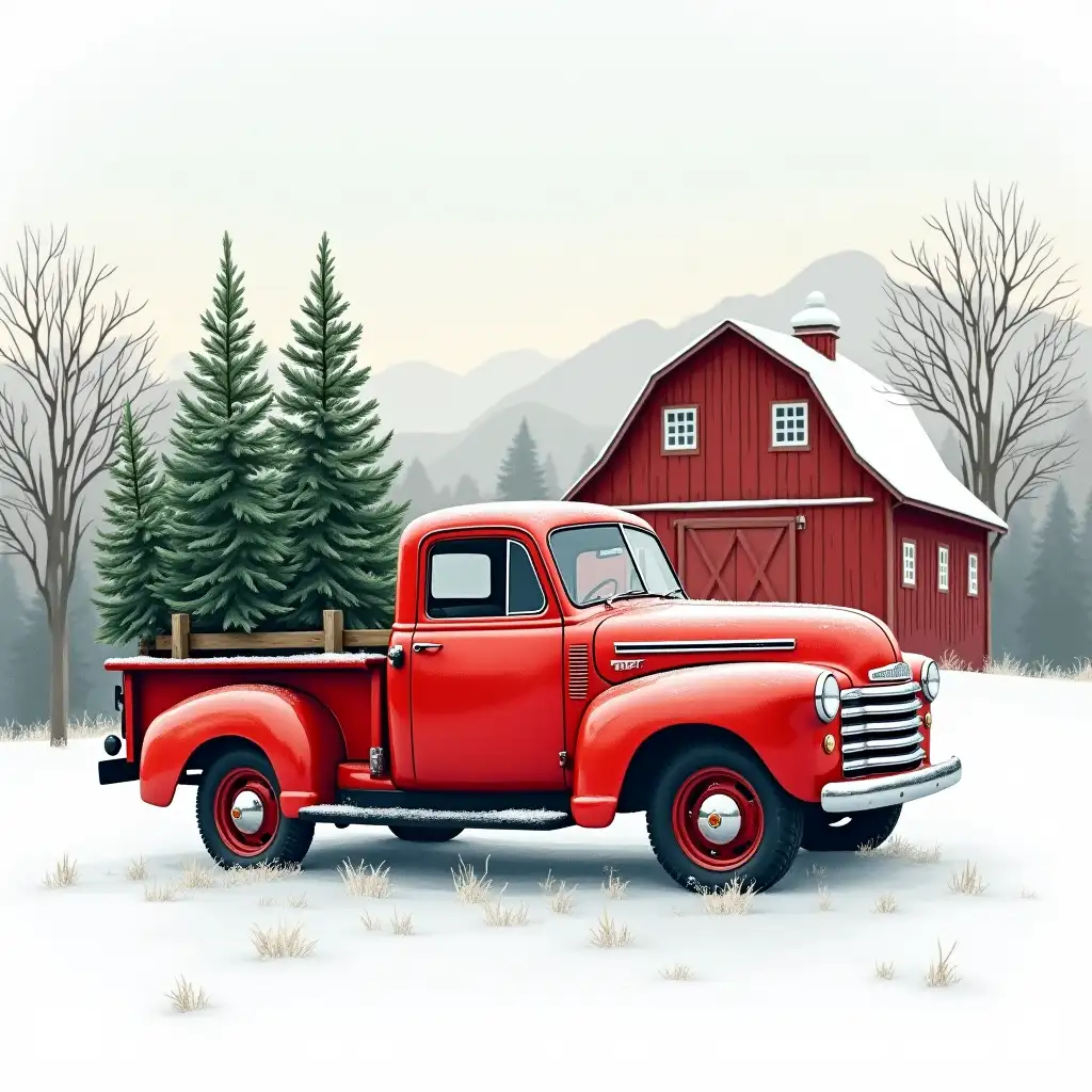 Vector. Vintage red pickup truck with evergreen trees in the bed, parked in front of a classic red barn in a snowy landscape. 4k. Watercolor style.