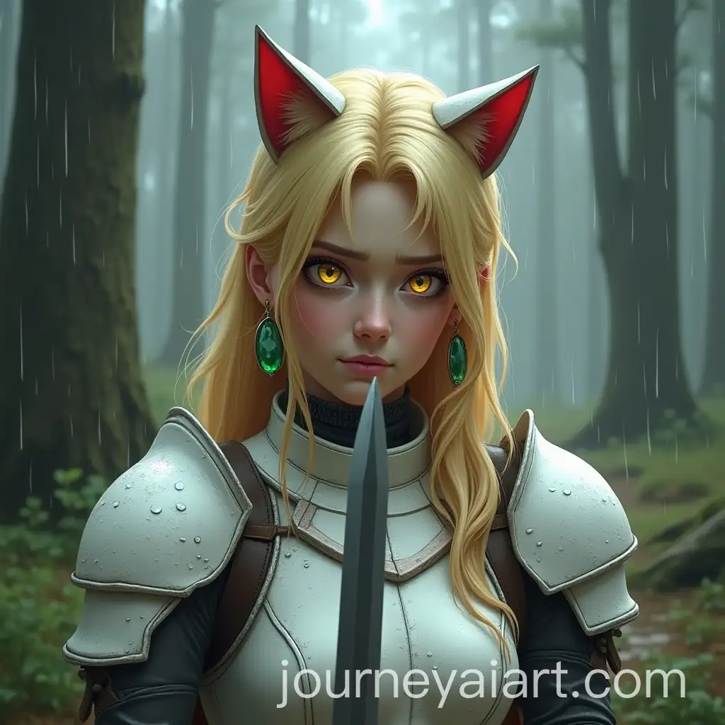 Lonely-Warrior-in-White-Armor-with-Sword-in-Rainy-Forest