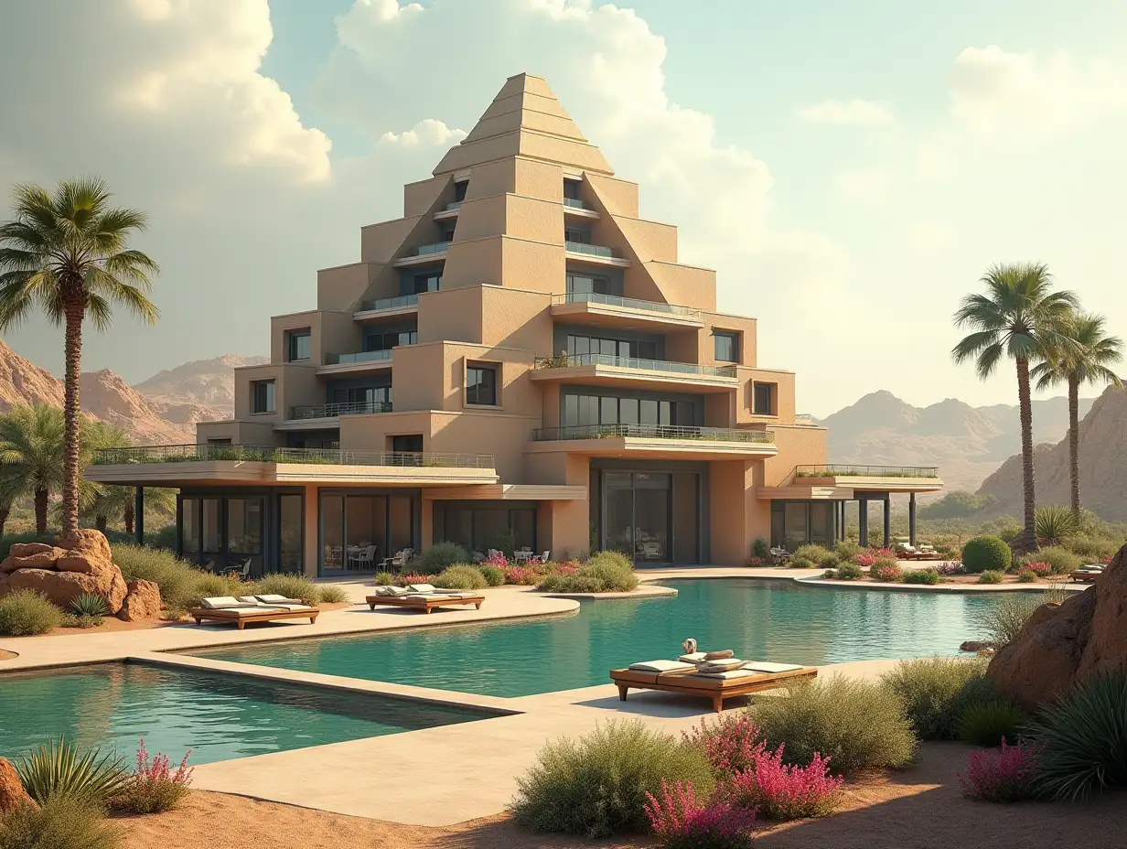 Create a high-resolution, realistic panorama image of a futuristic terrace building with window pyramid house with bridge, one and one with people, many plants and colorful flowers White and brown facades in front of the desert oasis, large trees, very cloudy sky