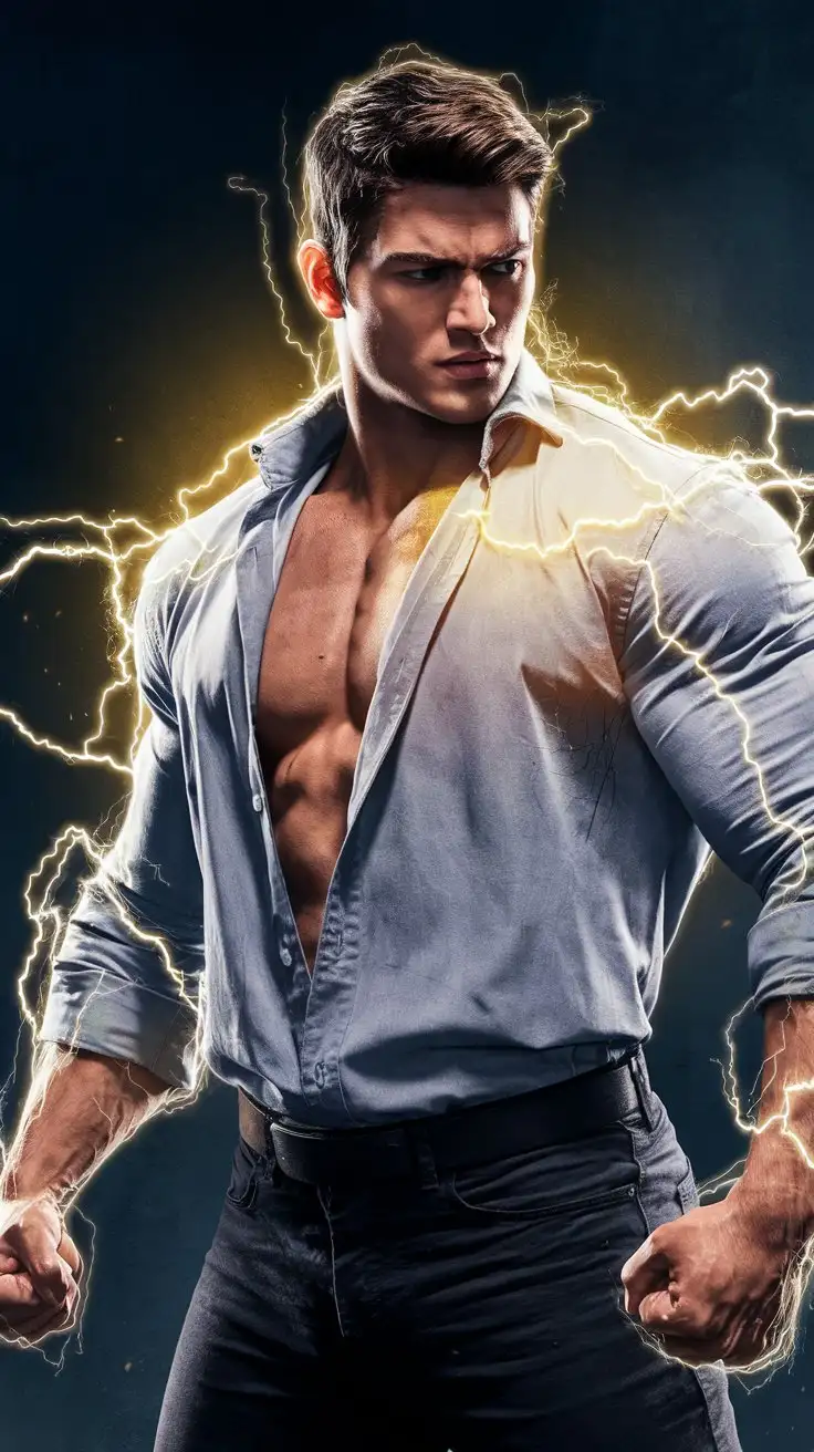 Supercharged brawn. Herculean powers. Golden electric glow. 24 years old. Contemplating destiny. Photorealistic.