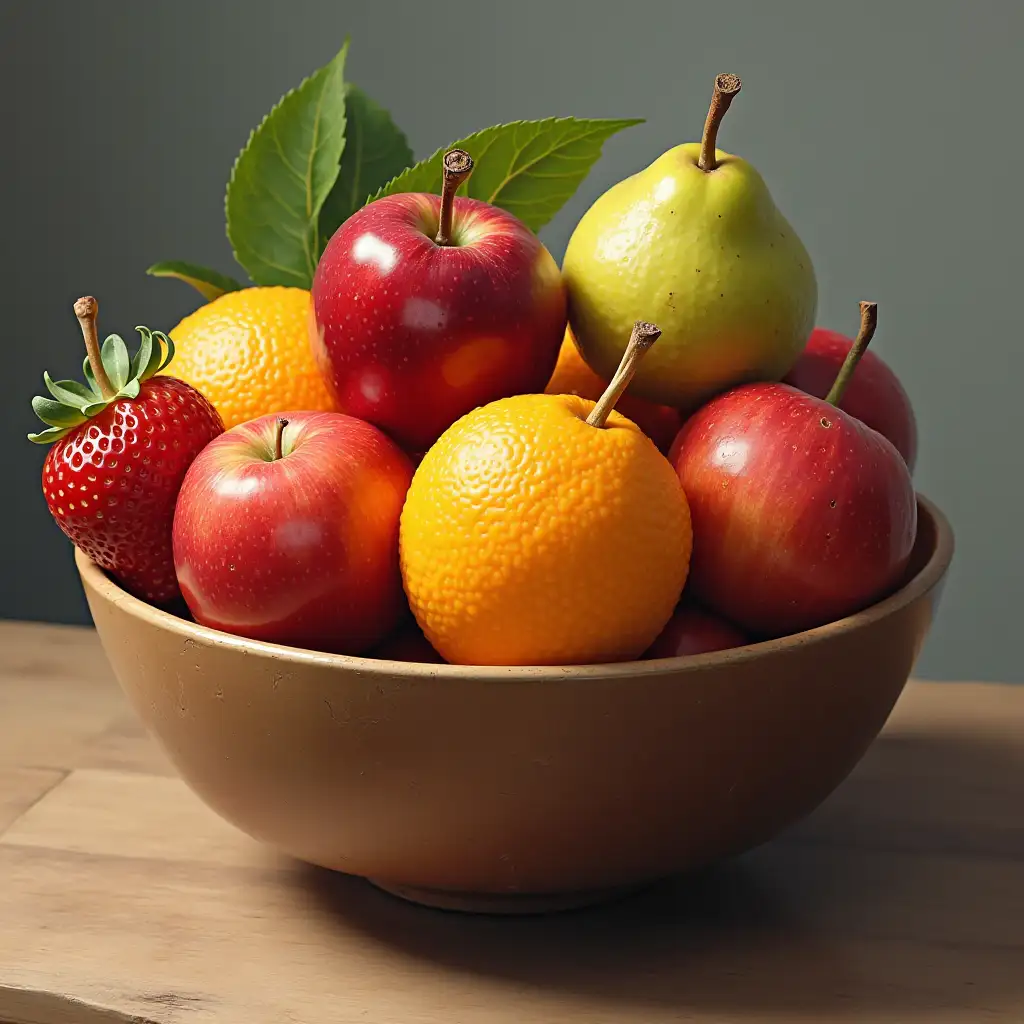 Ultra detailed hyperrealistic digital painting of a fruit bowl with flawless attention to texture, surface and lighting, to give depth, dimension and a photorealistic appearance.