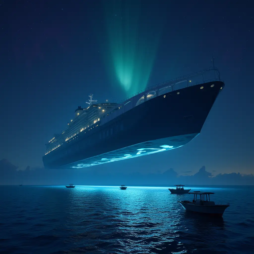 A starry night over the Gulf of Mexico, a gigantic mother ship emerges from the horizon, suspended over the water. Its colossal structure, with geometric patterns illuminated by bluish lights, reflects on the calm sea. In the scene, small fishing boats appear tiny beneath the immensity of the ship, while a glowing halo illuminates the waves that form beneath it. The sky is tinged with shades of purple and green due to an unexplained luminous phenomenon.