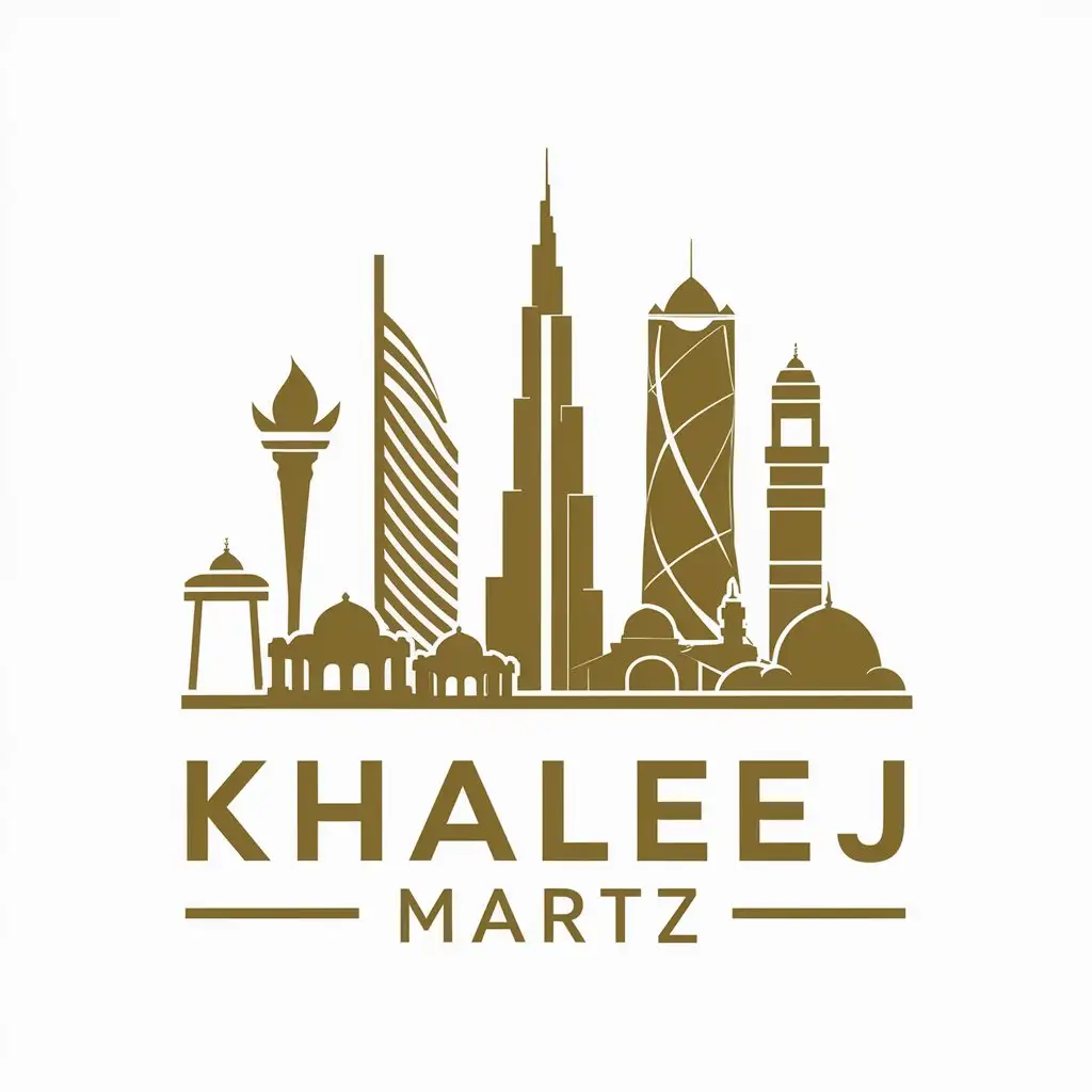 LOGO Design for Khaleej Martz Golden Yellow Skyline with Iconic Middle Eastern Landmarks