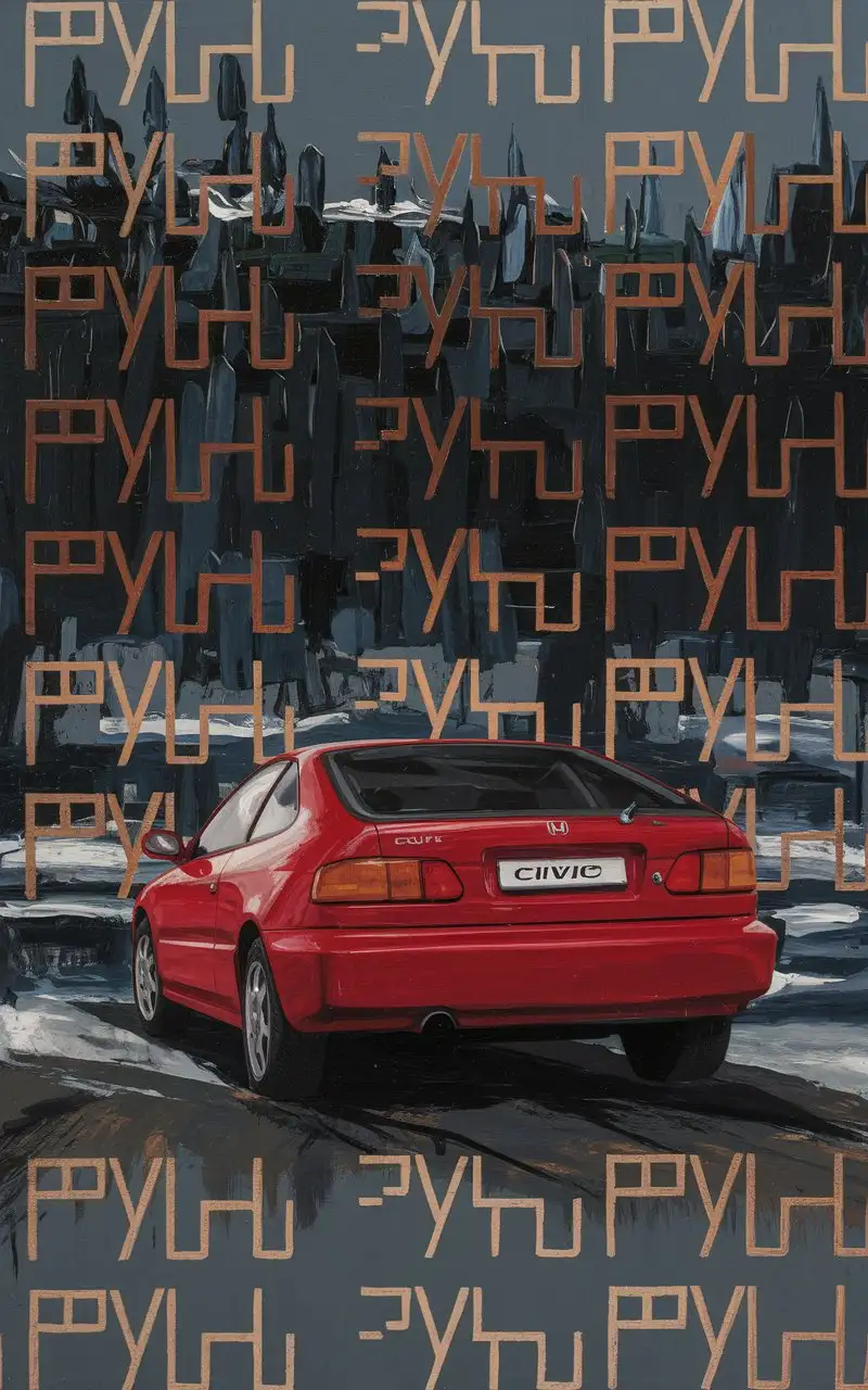 repeating 'PVN' painting on an abstract view of the dark snowy russian suburbs. One red 1993 coupe honda civic  on the background.