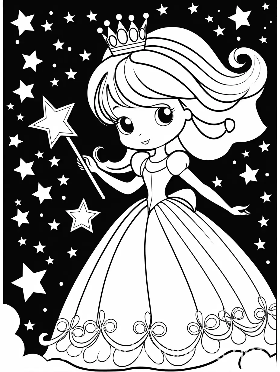 Magical-Princess-with-Sparkling-Wand-and-Stars-Coloring-Page