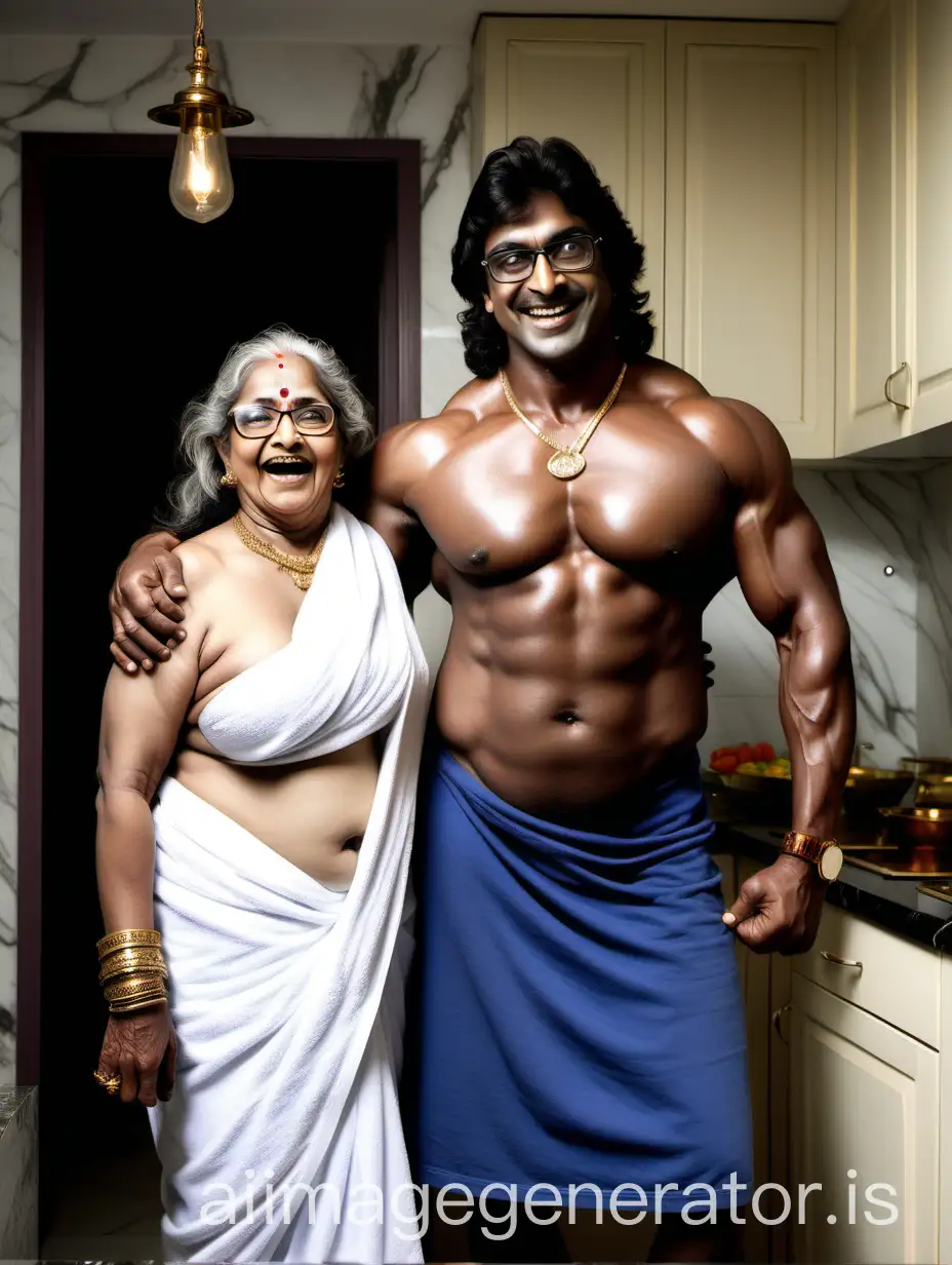 Indian-Bodybuilder-and-Woman-Laughing-in-Luxurious-Kitchen-Rain-Scene