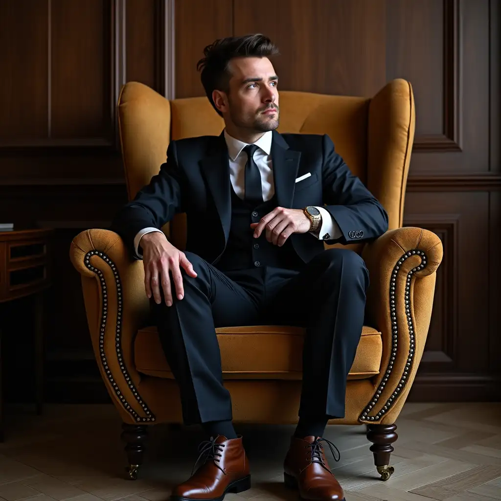 A middle-aged man sits in a beautiful expensive modern chair, looking into the distance, wears an expensive modern suit, brown boots, expensive watches, stylish modern haircut.