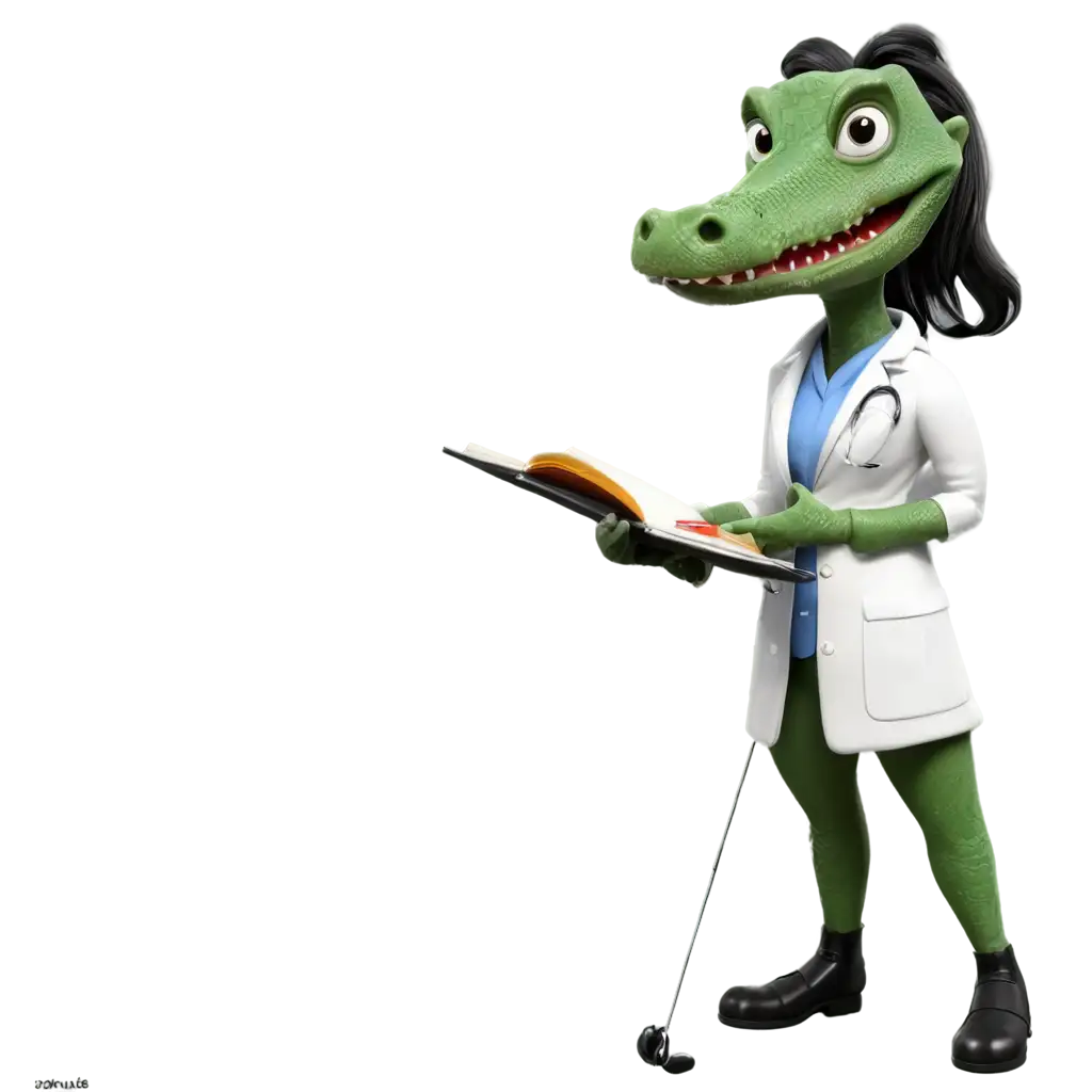 Caricature of a female crocodile wearing a lab coat with stethoscope taking notes