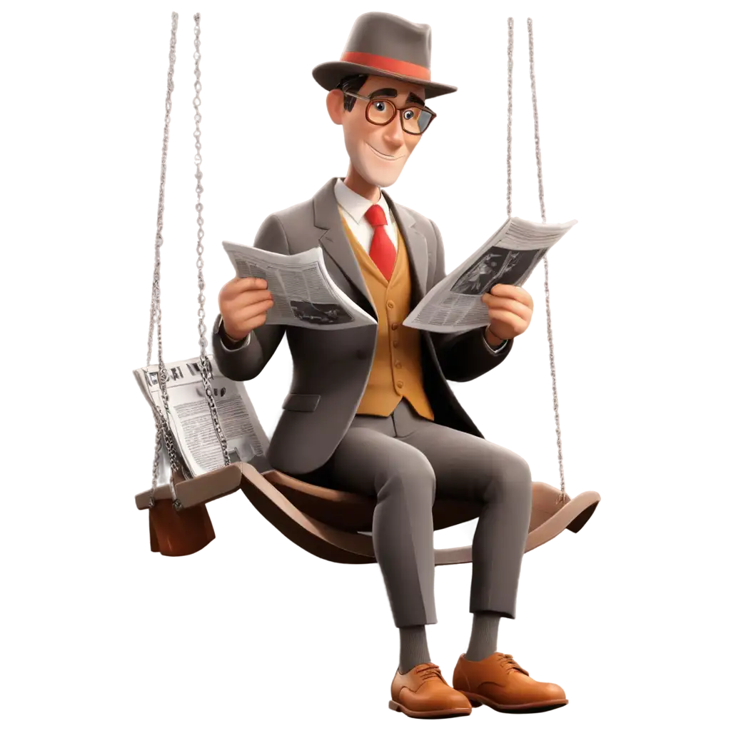 Cartoon-Gentleman-on-Swing-Chair-Reading-Newspaper-PNG