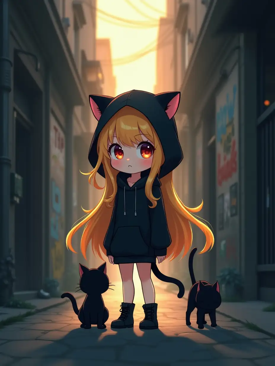 A cute, chibi girl with long blonde hair in a black hoodie with cat ears, standing in a gritty urban environment. She is flanked by two small black cats, all with a confident, mysterious aura. The scene is set in a narrow, misty alley with soft, warm backlighting that highlights her silhouette. The background shows subtle urban decay with graffiti and dim streetlights. Created using vibrant anime aesthetics, fine line art, detailed textures, cinematic lighting, hd quality, vivid colors