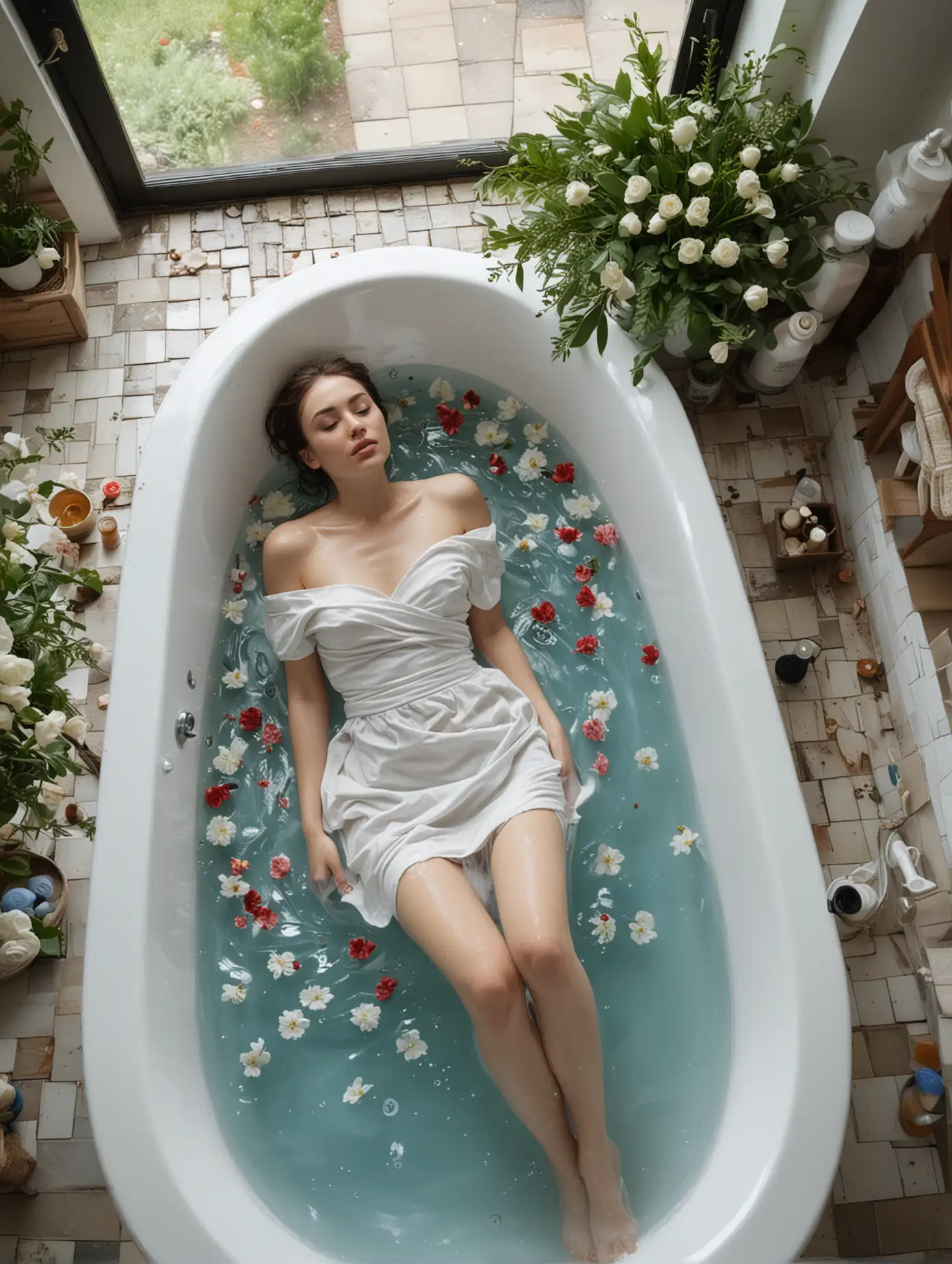 View from above.  The serene scene features Sasha Gray relaxing in a bathtub filled with water.  She was wearing a silky white off-shoulder dress, lying on a comfortable blue pillow.  The tub is located within the beautifully appointed bathroom and is decorated with various bath products, flowers and greenery.  Soft, natural lighting streams through nearby windows, creating a calming, spa-like atmosphere.  The surrounding wooden surfaces and white tiles add to the tranquility and simplicity of the overall setting.