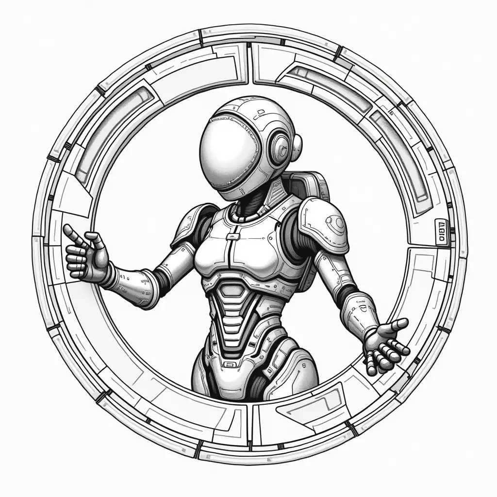 Intricate-Monochrome-Vector-Illustration-of-a-Cyborg-Humanoid-in-a-Spaceship