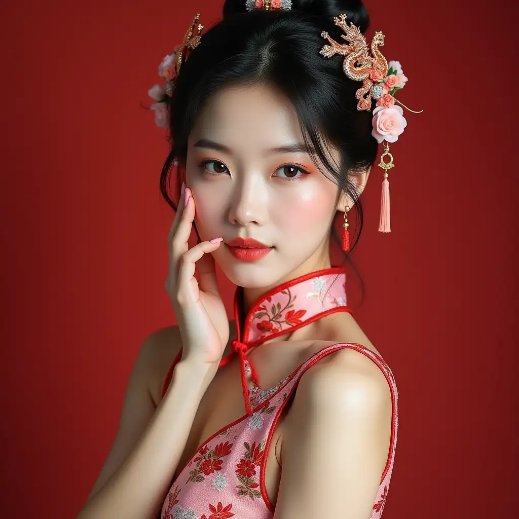 Elegant-Asian-Woman-in-Qipao-with-Dragon-Hairpin-Posing-Gracefully-Like-a-Ballerina