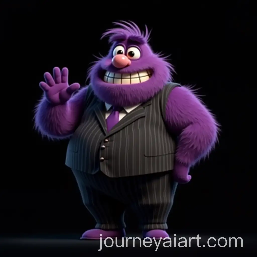 Cute-Purple-Furry-Grimace-Character-in-Striped-Suit-Greeting