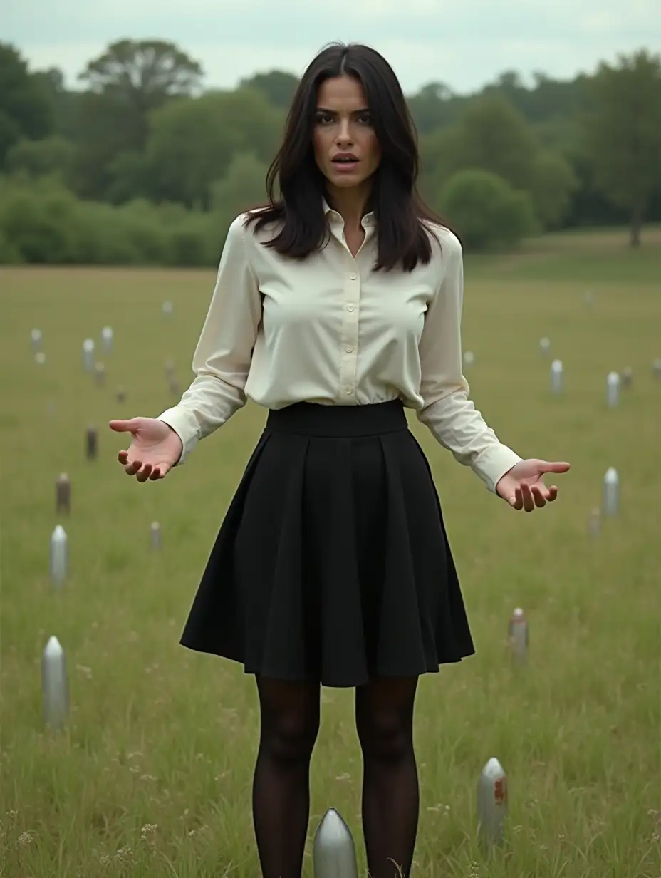 Latino-Woman-on-Meadow-Surrounded-by-Small-Metallic-Bombs