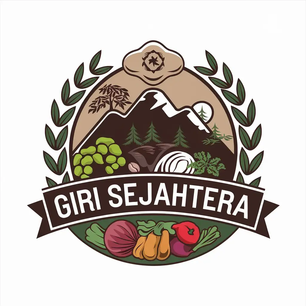 a vector logo design,with the text "GIRI SEJAHTERA", main symbol:Mountain, Tea tree, Coffee tree, Vegetables,Moderate,be used in Finance industry,clear background