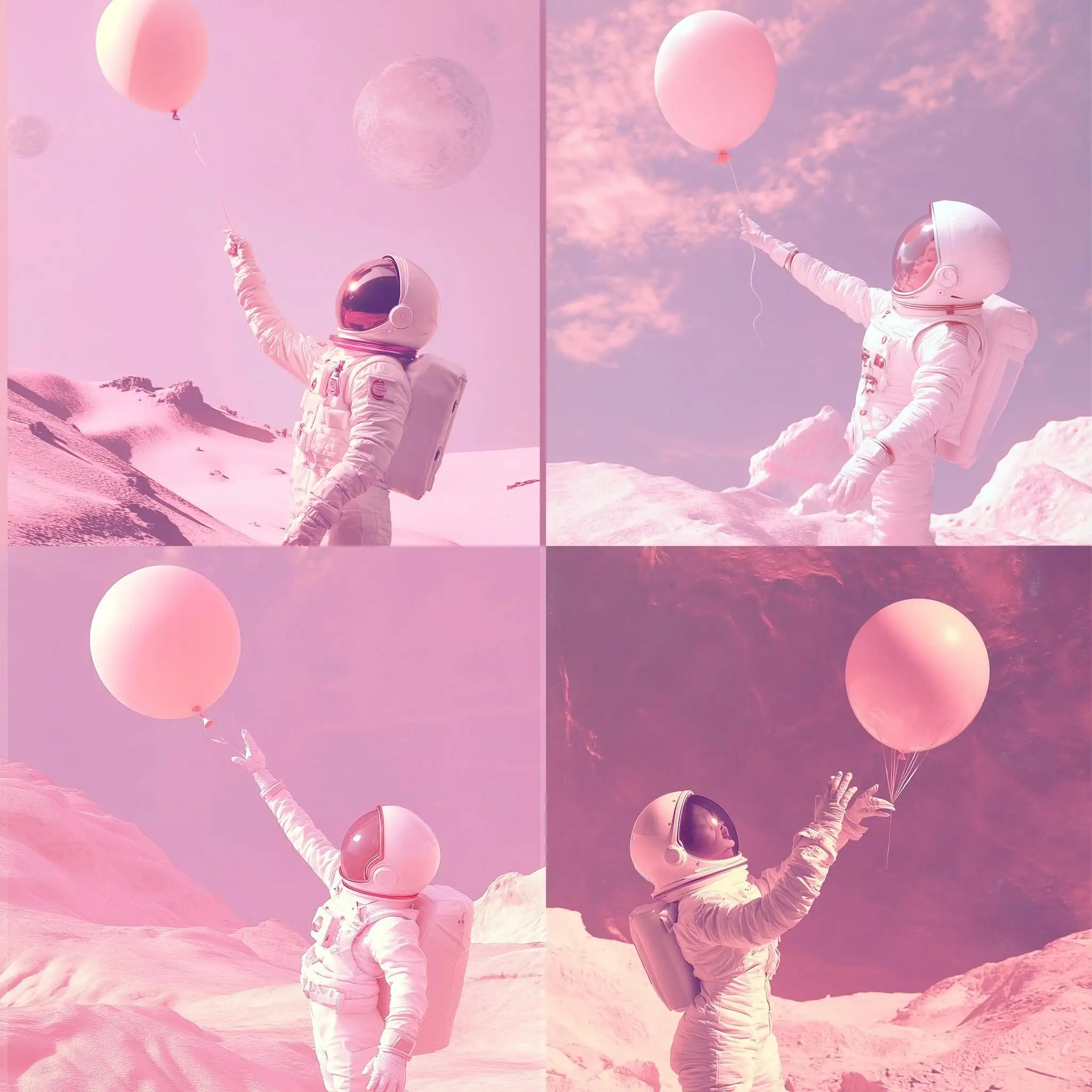 Graceful-Girl-in-White-Spacesuit-Reaches-for-Balloon-in-Pink-Space