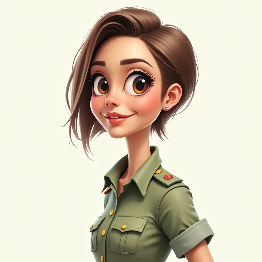 Cartoon Drawing 3d, details drawn, realistic woman in military uniform with short full-length haircut. There are no deformities and amputations.